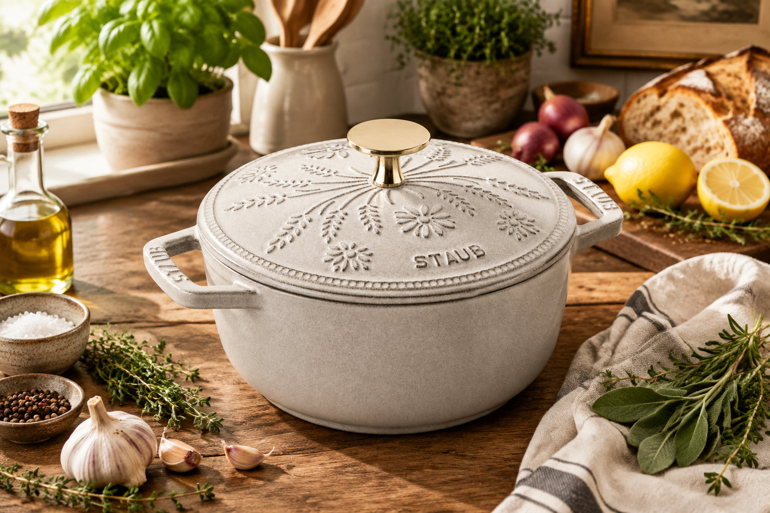STAUB La Cocotte 1.1 L Cast Iron Round French Oven Marguerite, White T – DECOROLALA