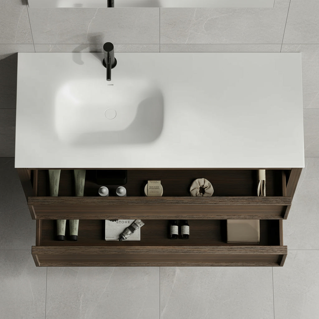 48" Smoked Oak Freestanding Single Sink Bathroom Vanity with White Solid Surface Countertop
