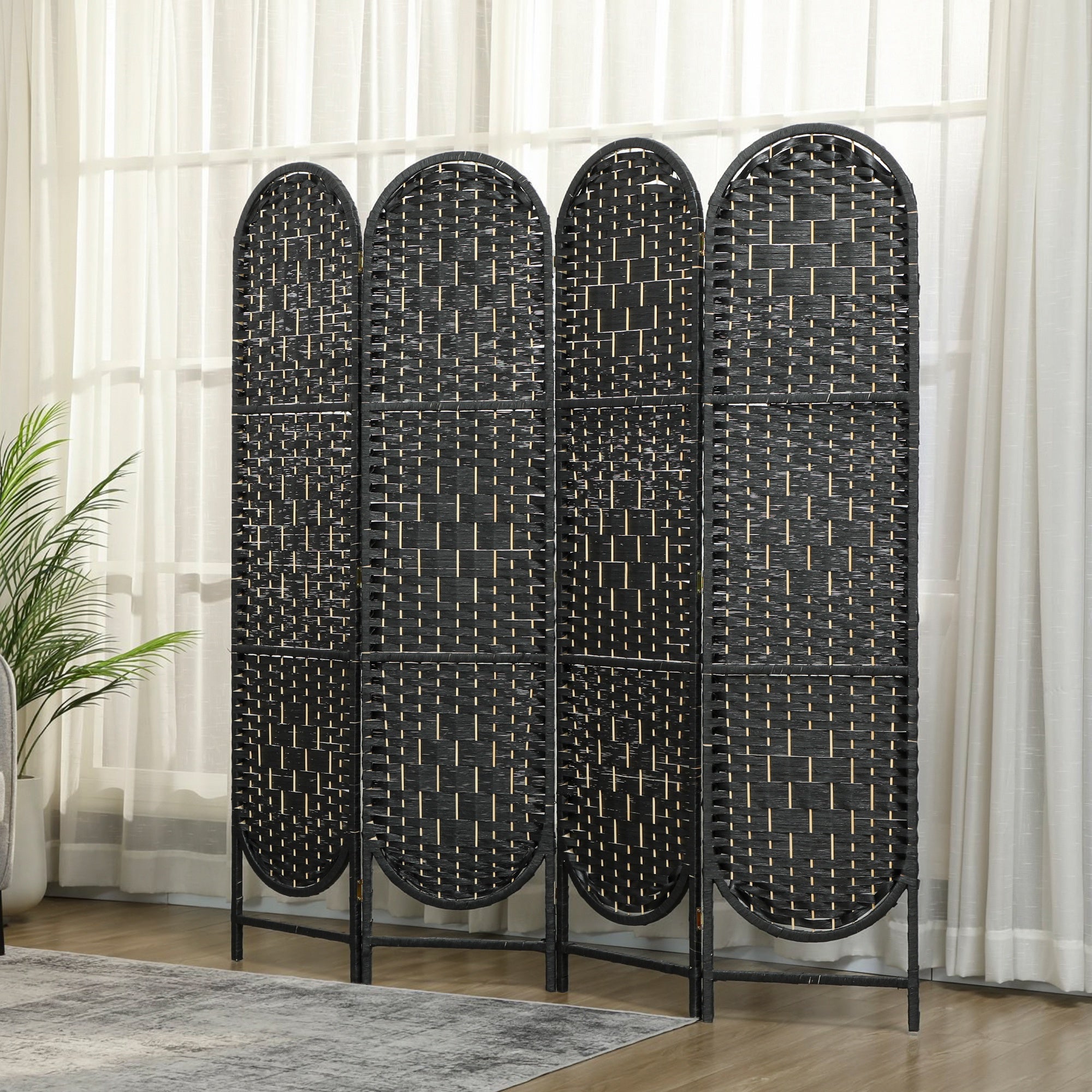 Bohemian Privacy Screen, Folding Room Divider with 4 Panels and Arched Top for Bedroom Living Room Office, Black