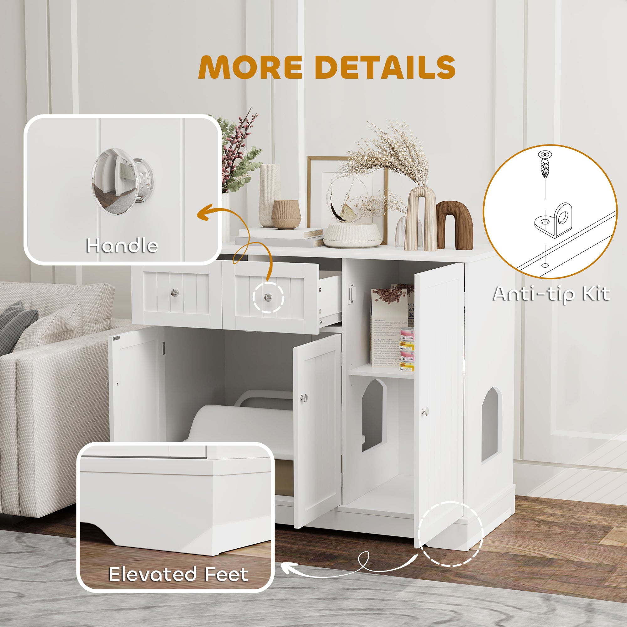 Cat Litter Box Enclosure with Drawer, Storage, Anti-tip Kit, for Living Room, Bedroom, White