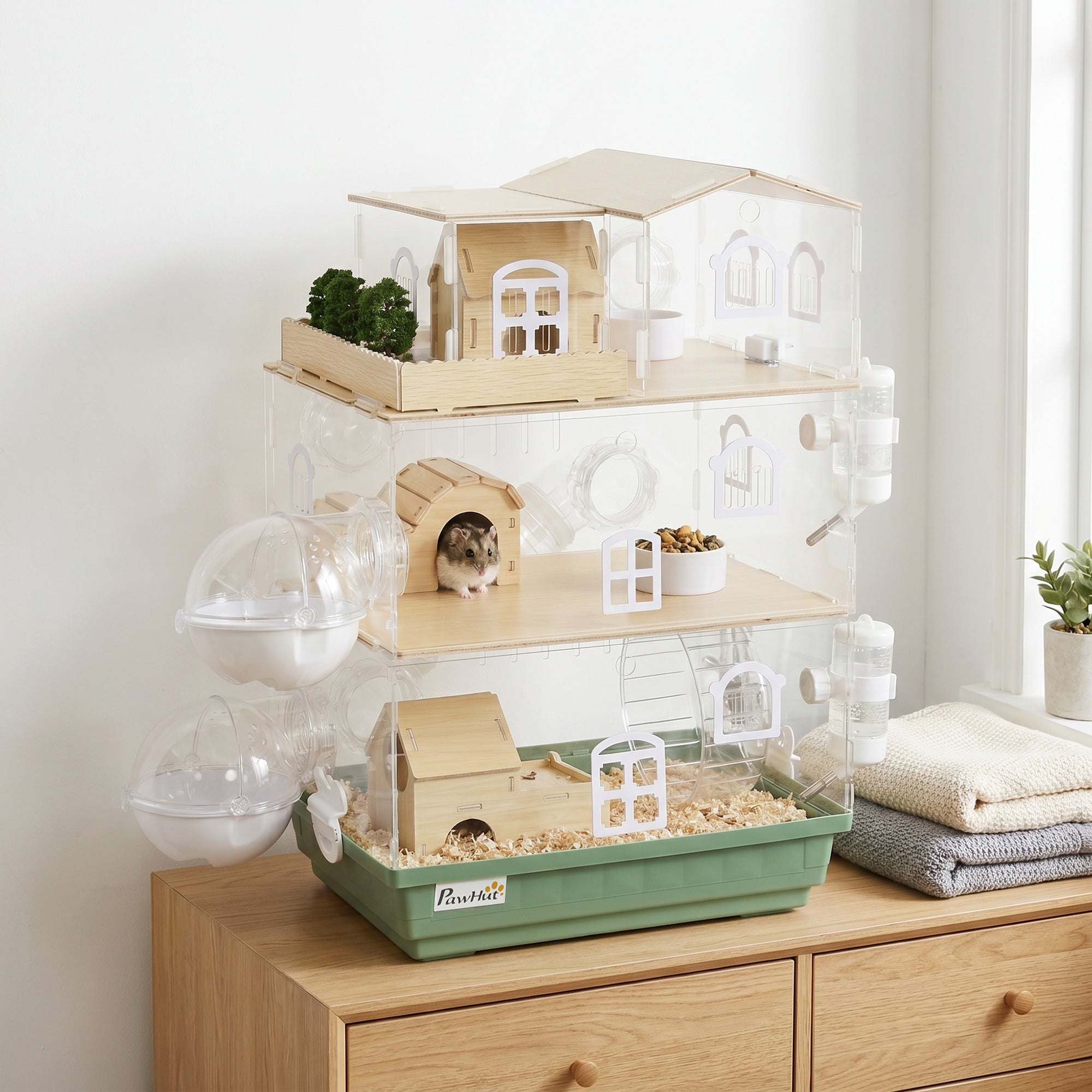 Large Hamster Cage, 3 Tiers Acrylic Hamster Habitat with Water Bottles, Running Wheel for Pet Mice, Dwarf Hamster