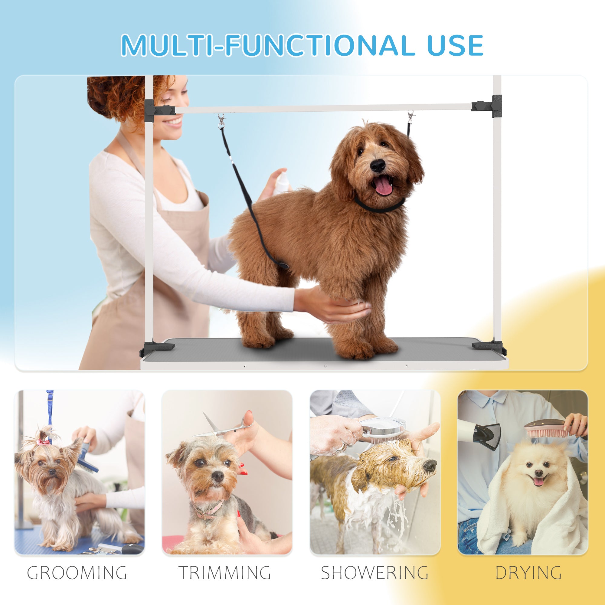 Adjustable Dog Grooming Table with 2 Safety Slings, Storage Basket, Grey