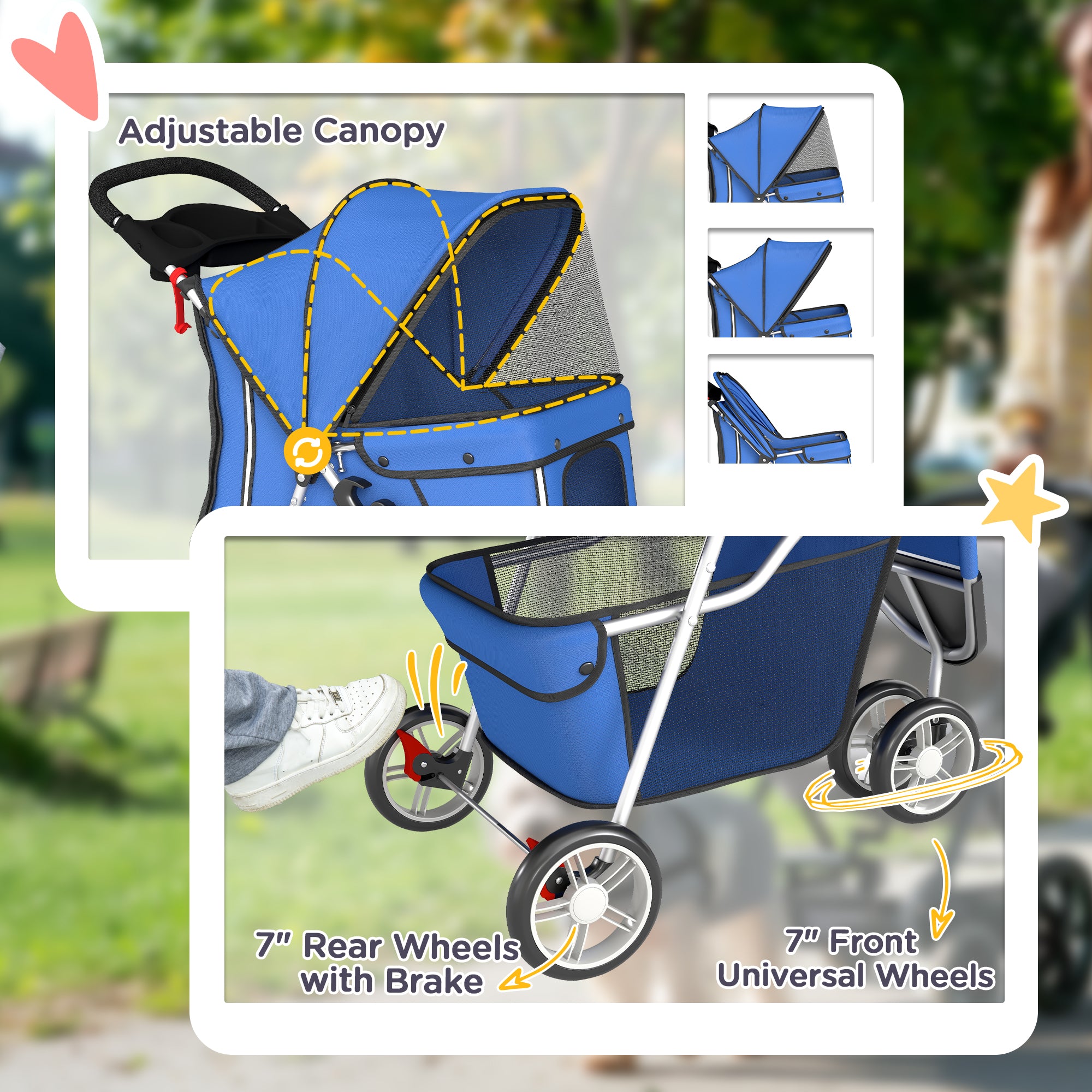 3 Wheels Foldable Dog Stroller with Storage Basket, Adjustable Canopy, Cupholder for Miniature and Small Dogs, Blue