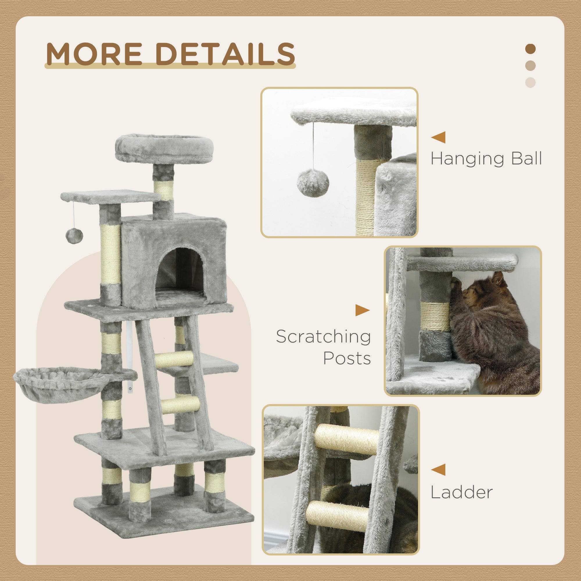 52 Inch Large Cat Tree for Indoor Cats, Light Grey