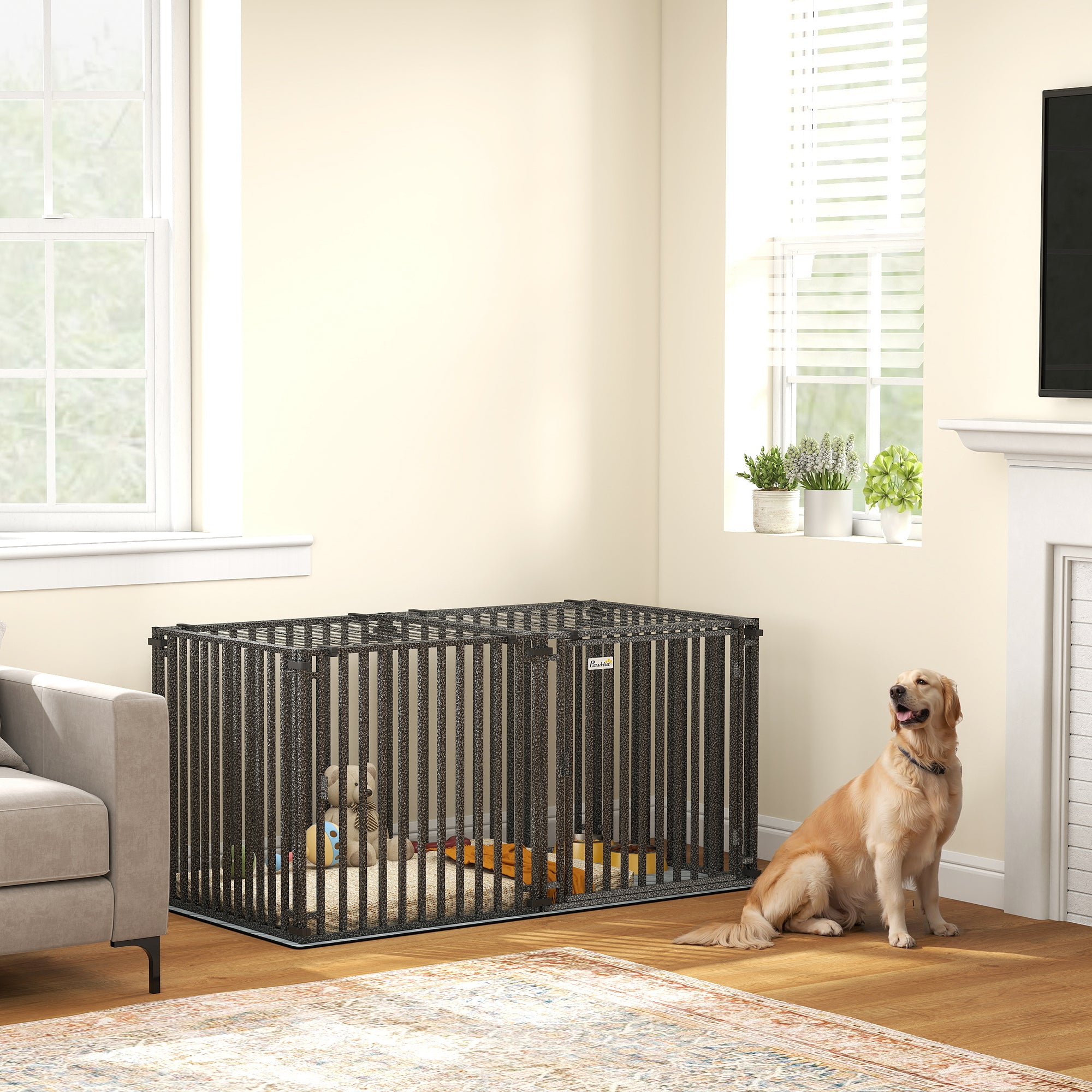 55 Inch Heavy Duty Dog Crate, Extra Large Metal Dog Cage Kennel with Mat for Large Breeds, Modular Puppy Playpen
