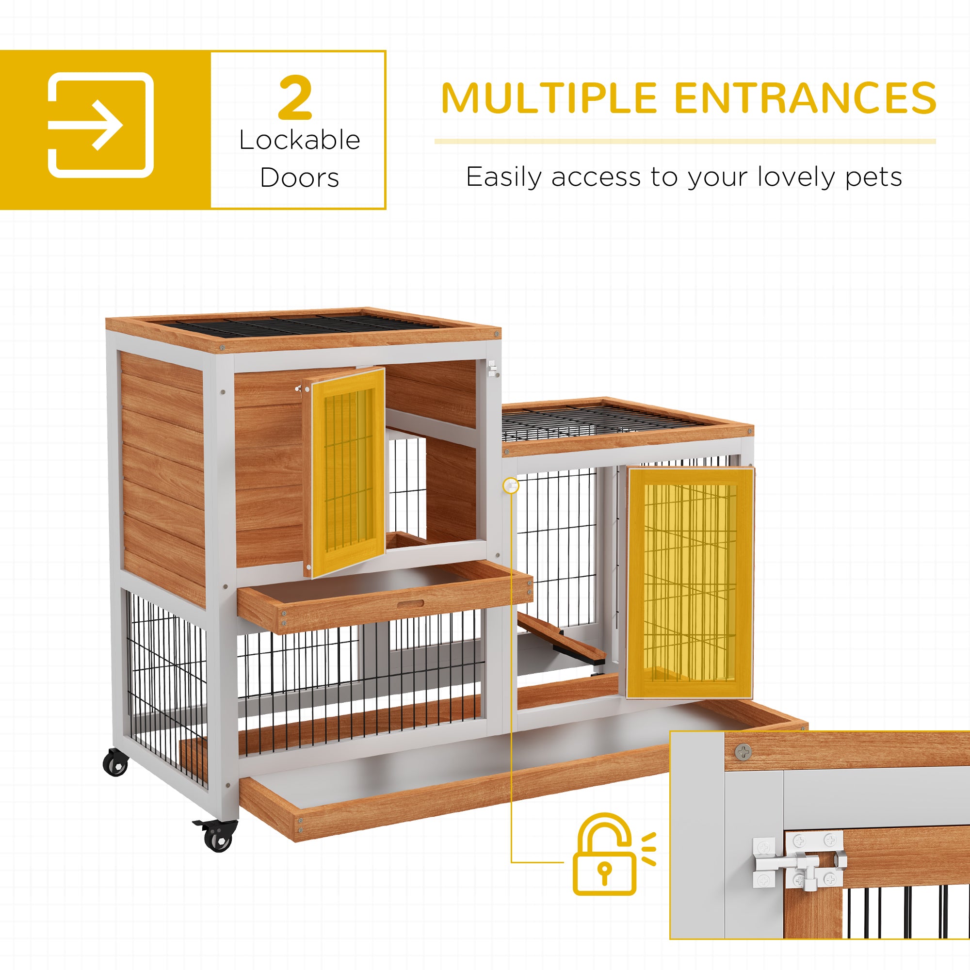 Wooden Rabbit Hutch, Indoor Bunny Cage with Wheels, Pull Out Trays, Run, Yellow