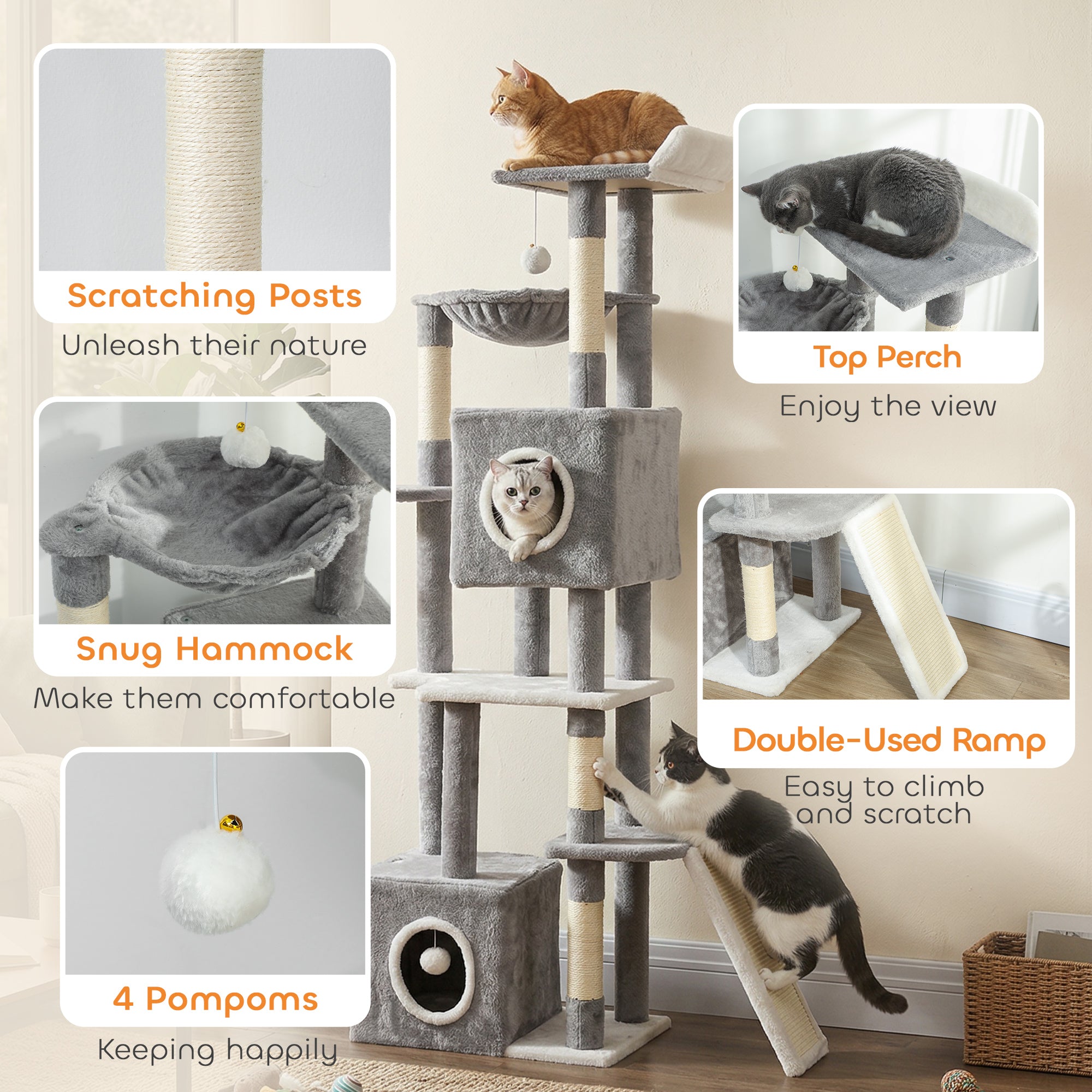 65 Inch Cat Tree with 2 Doors Condos, Plush Top Perch, Hammock, Sisal Scratching Posts, 4 Pompoms, Ramp, Grey