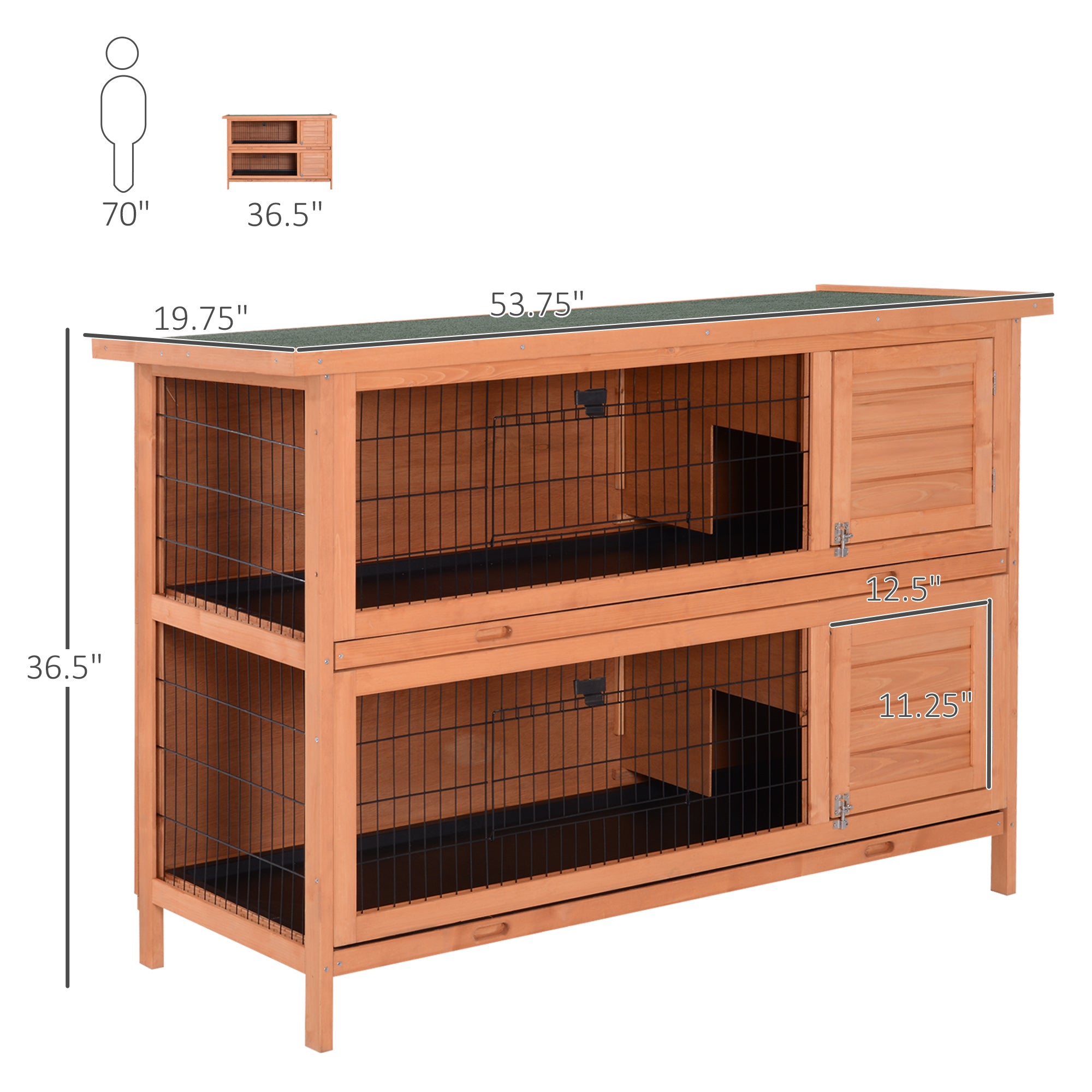 54"L 2-Story Large Rabbit Hutch Bunny Cage Wooden Pet House Small Animal Habitat with Lockable Doors, No Leak Tray and Waterproof Roof for Outdoor/Indoor Orange