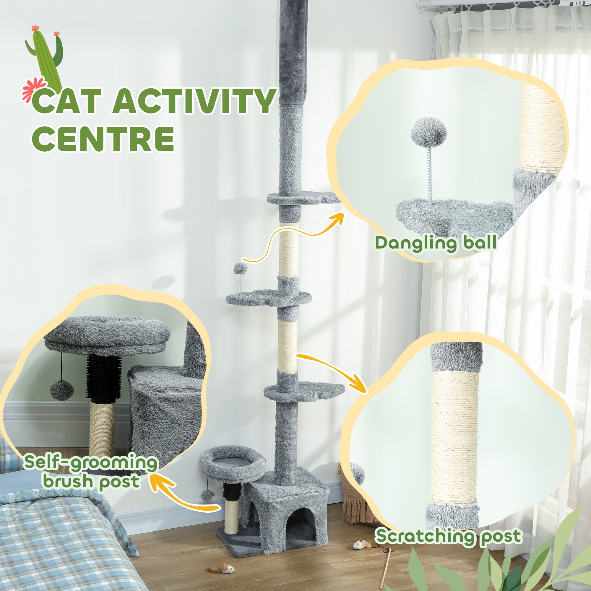 Floor to Ceiling Cat Tree, 4 Tiers Tall Kitty Climbing Tower with Scratching Post, Adjustable Height 87-100"