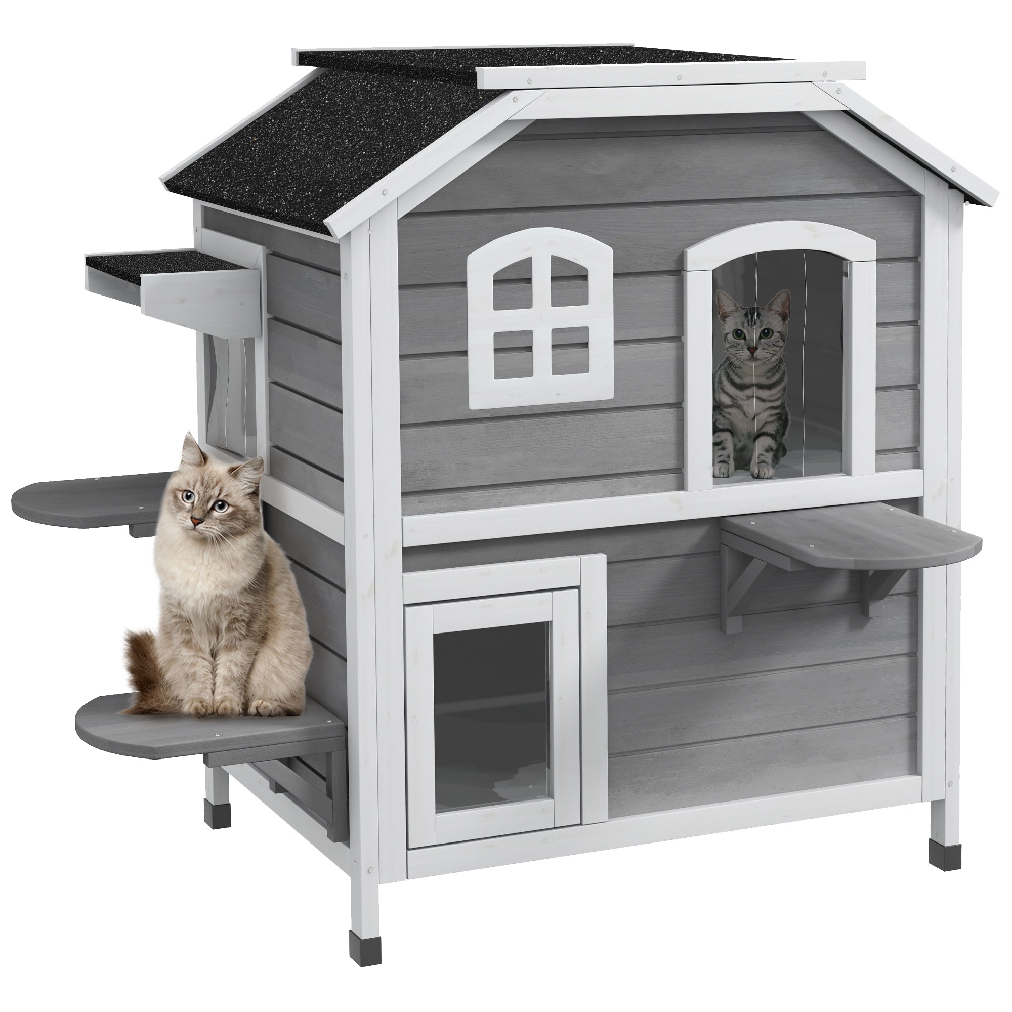 Maison pour chats d’extérieur à 2 étages, catio en bois avec toit ouvrant, espace détente, entrées amusantes, pour chats errants, gris