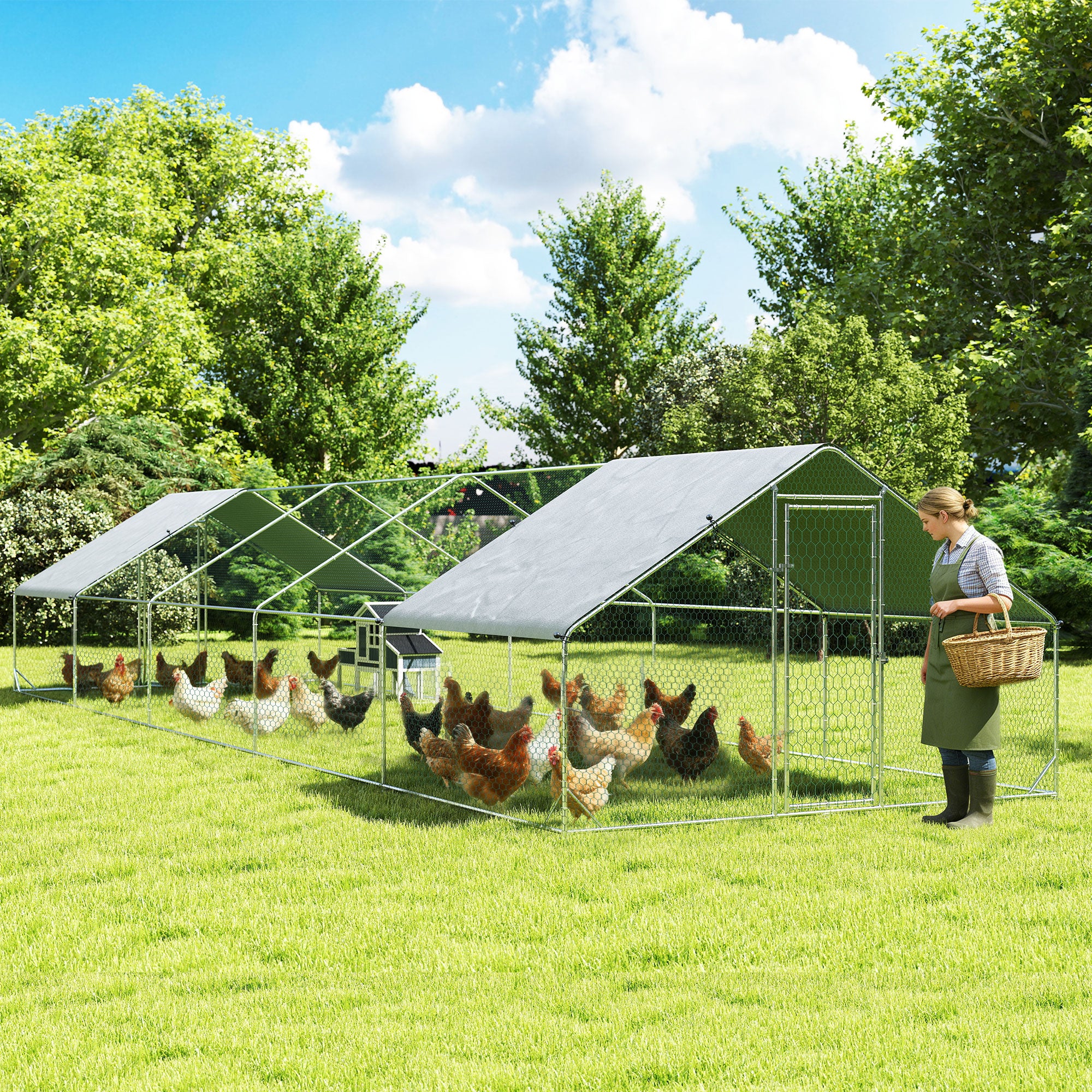 Metal Chicken Coop with Water- and UV-Protection Cover for Backyard Hen, Duck, Rabbit, 32.8' x 9.8' x 6.4'