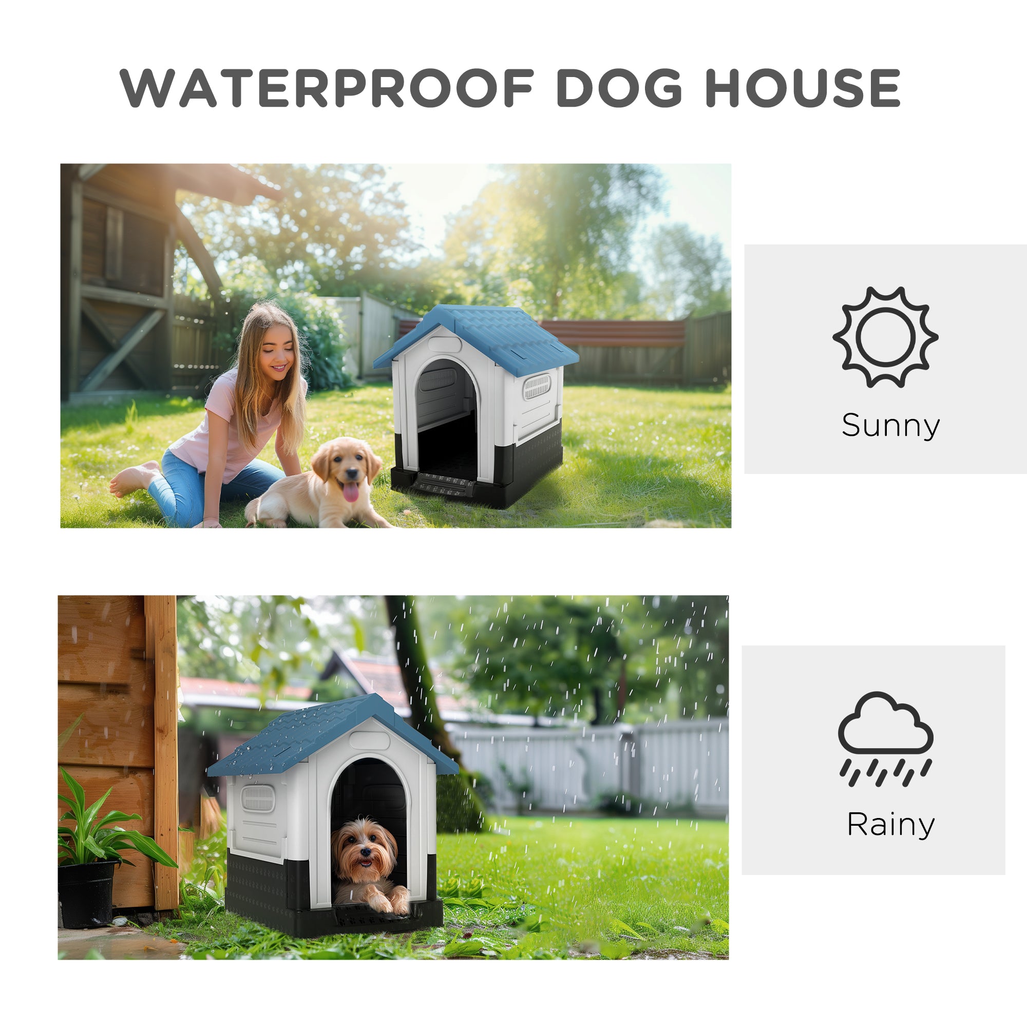 Niche extérieure pour chien avec fenêtres et support de base, pour jardin ou patio, petits chiens, 64,5 x 57 x 66 cm, bleue