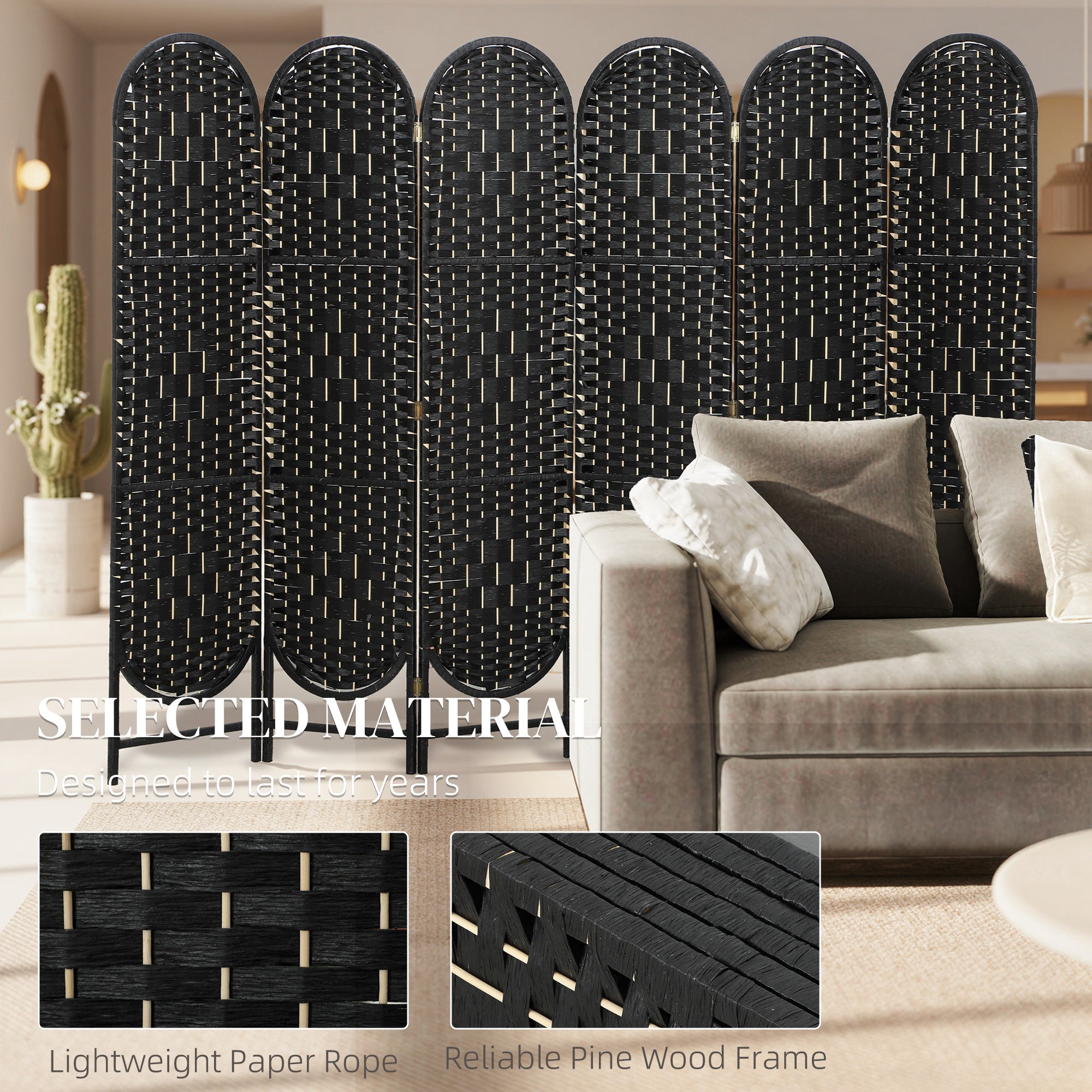 Bohemian Privacy Screen, Folding Room Divider with 6 Panels and Arched Top for Bedroom Living Room Office, Black