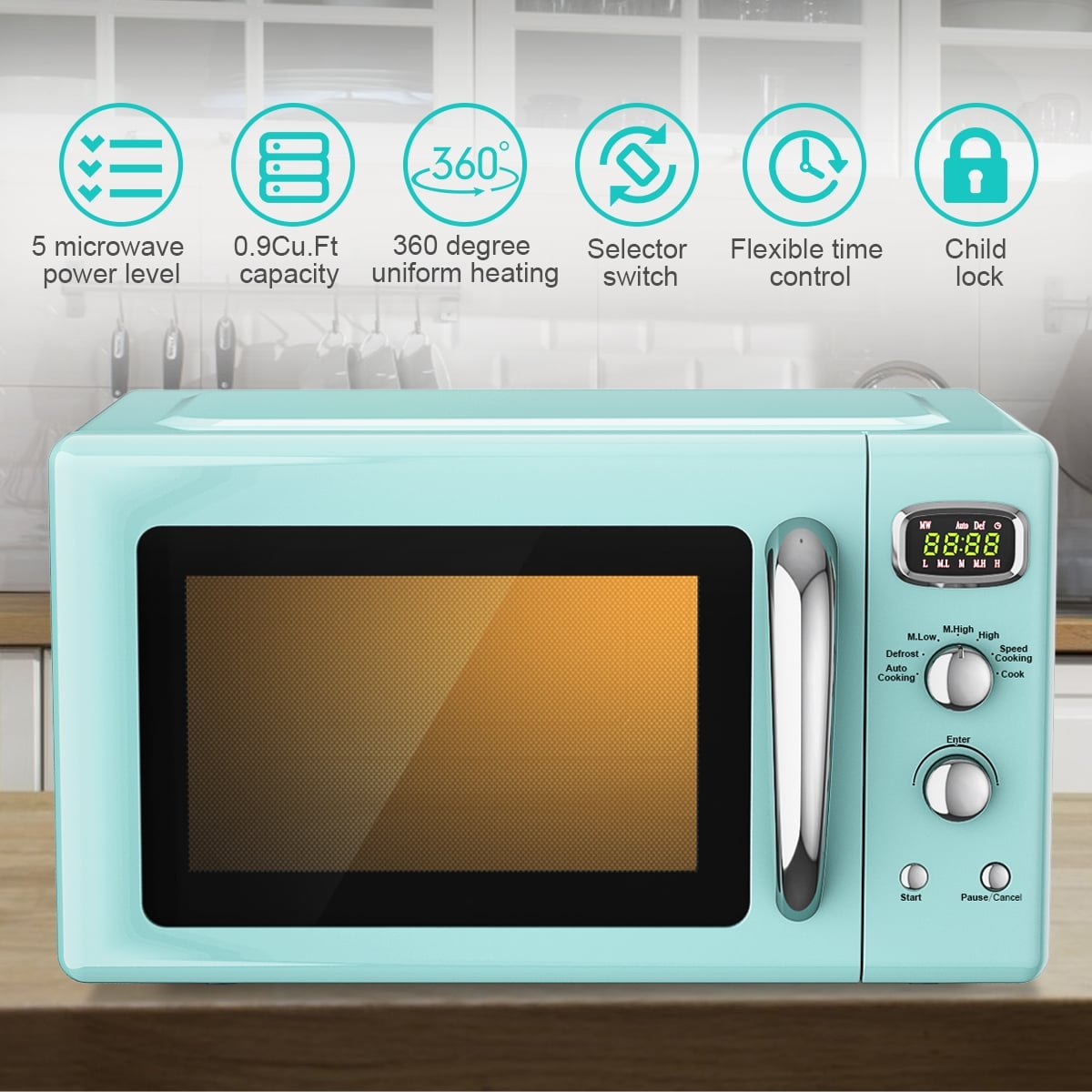 0.9 Cu.ft Retro Countertop Compact Microwave Oven-Green-Toaster Ovens-DECOROLALA
