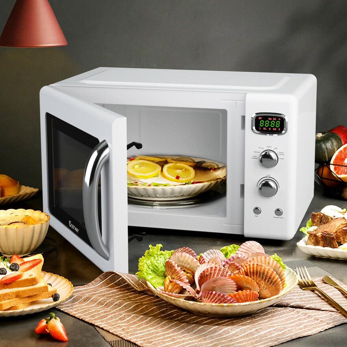 0.9 Cu.ft Retro Countertop Compact Microwave Oven-White-Toaster Ovens-DECOROLALA