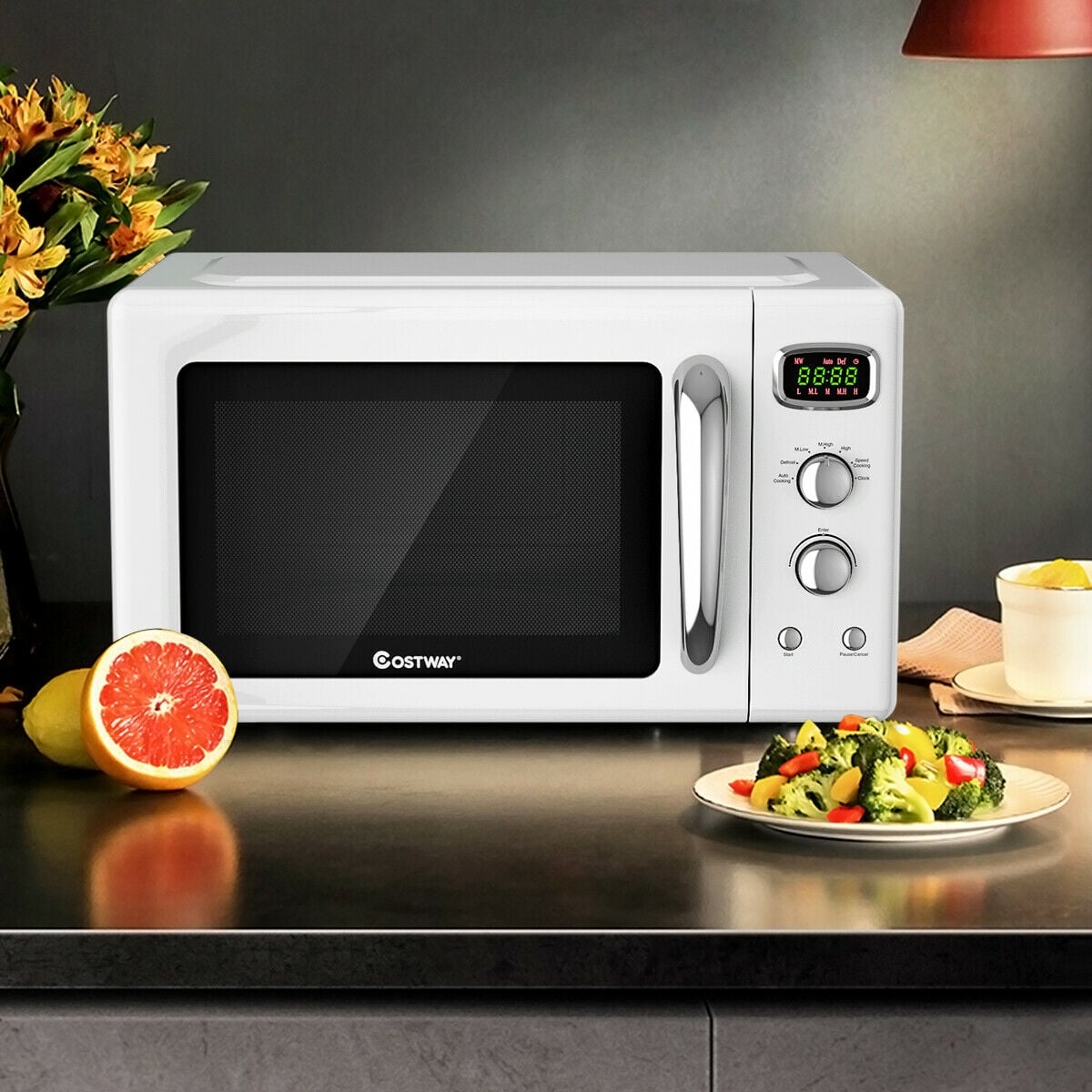 0.9 Cu.ft Retro Countertop Compact Microwave Oven-White-Toaster Ovens-DECOROLALA