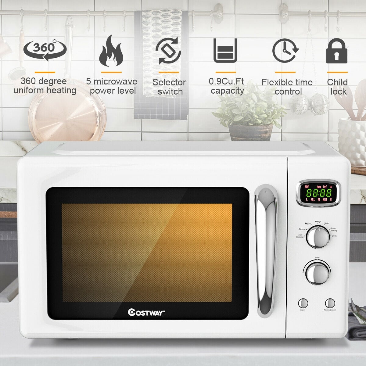 0.9 Cu.ft Retro Countertop Compact Microwave Oven-White-Toaster Ovens-DECOROLALA