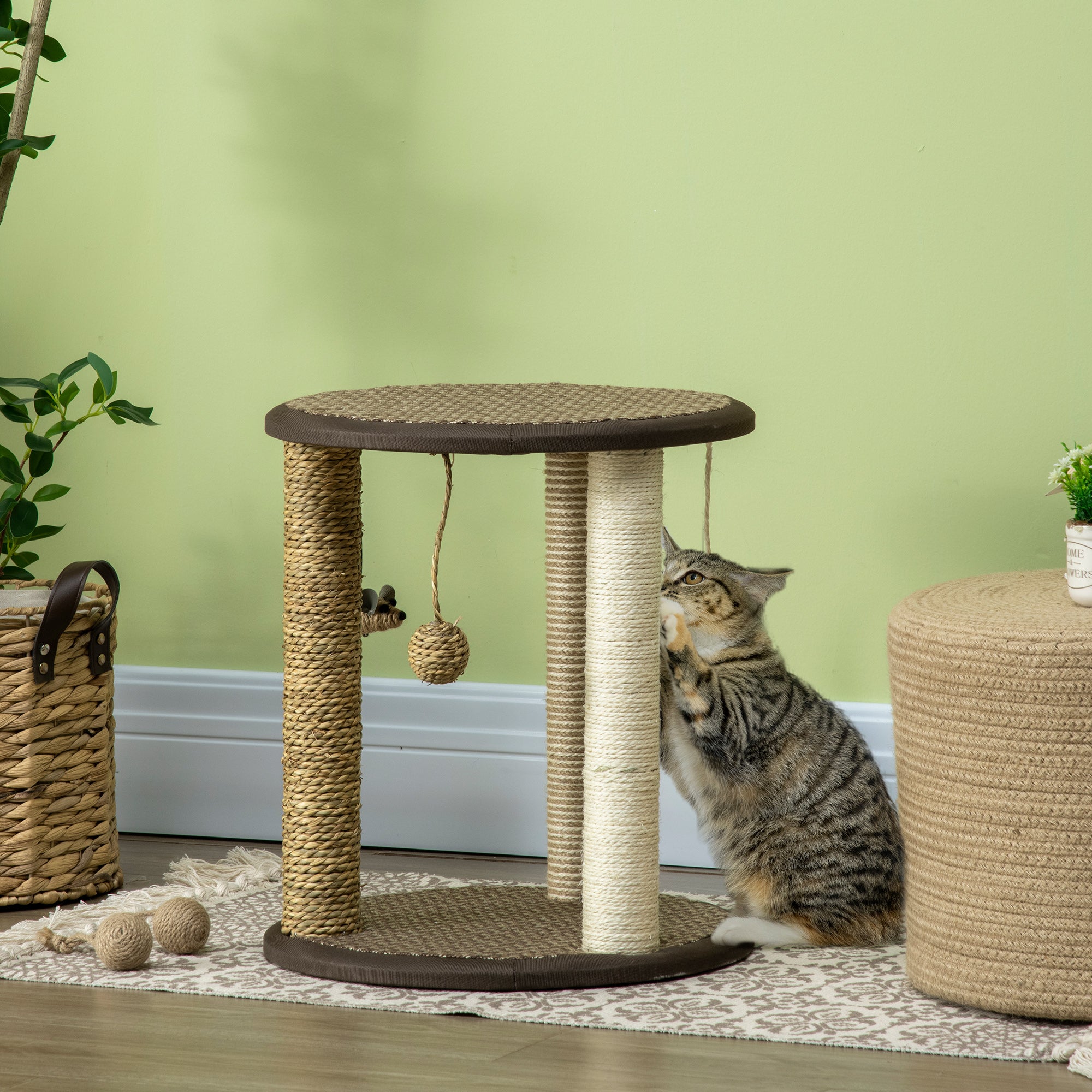 17" Cat Tree, Kitty Activity Centre with Hanging Toys, Cat Tower with Jute, Sisal, Seagrass Scratching Post, Brown