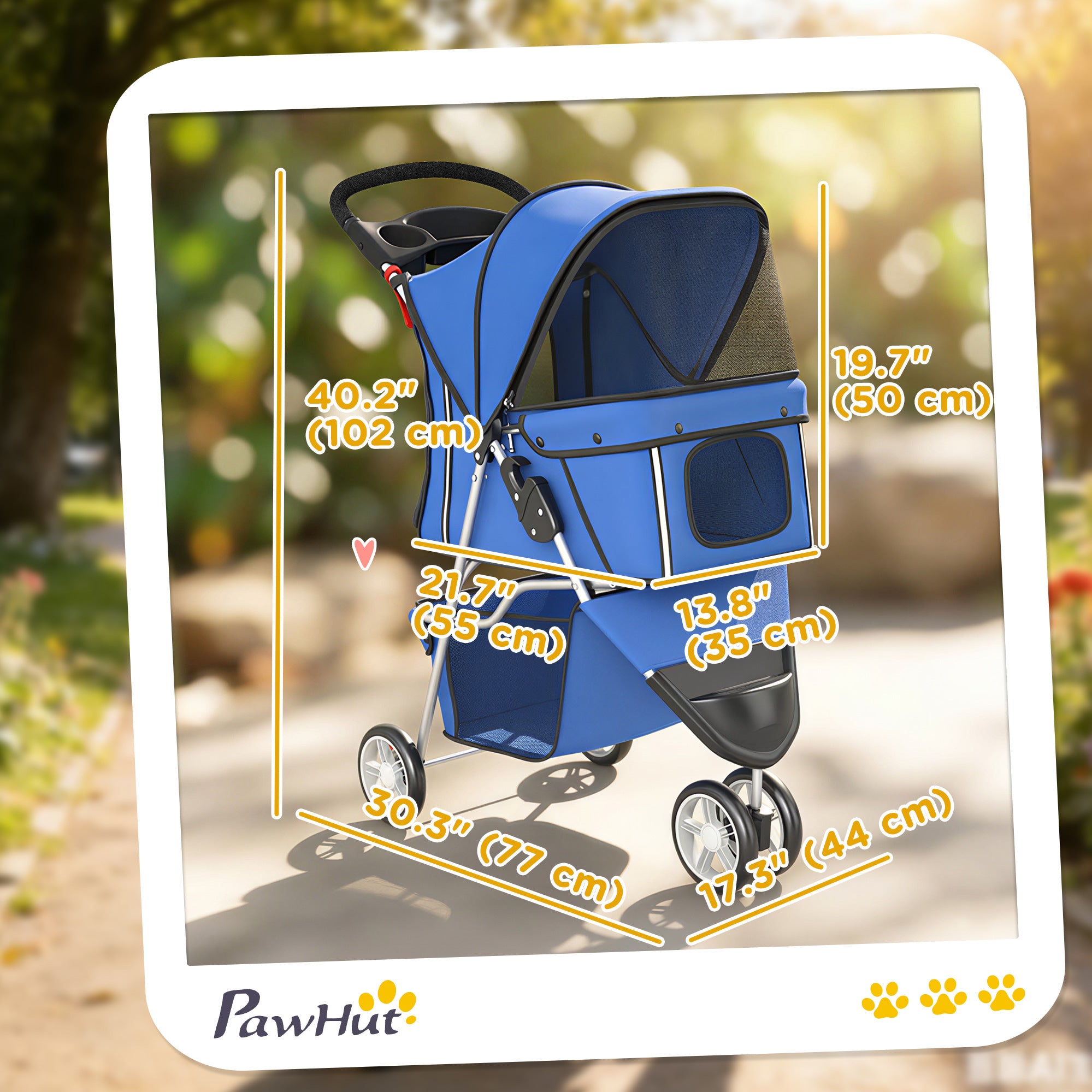 3 Wheels Foldable Dog Stroller with Storage Basket, Adjustable Canopy, Cupholder for Miniature and Small Dogs, Blue