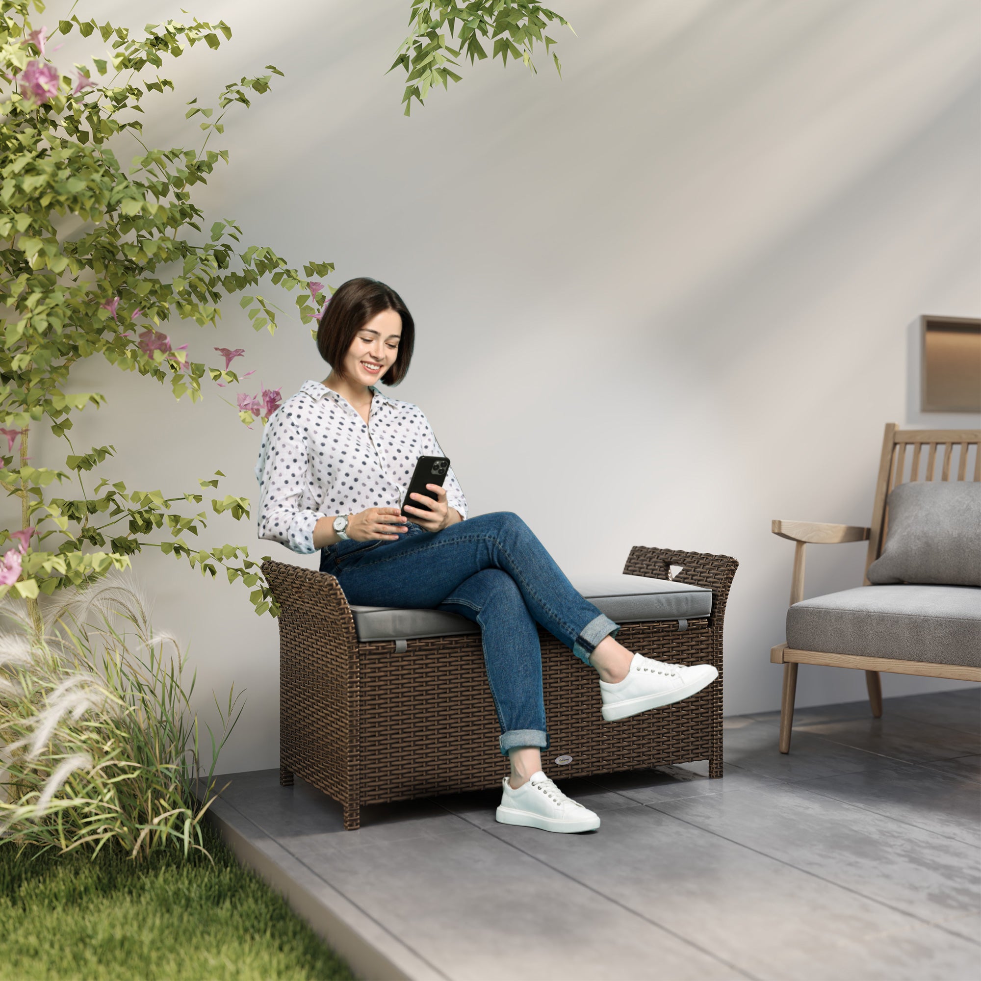 Banc de rangement d’extérieur 2-en-1 en rotin PE, meuble de jardin en osier de 29 gallons, coffre panier avec poignées et coussin gris foncé