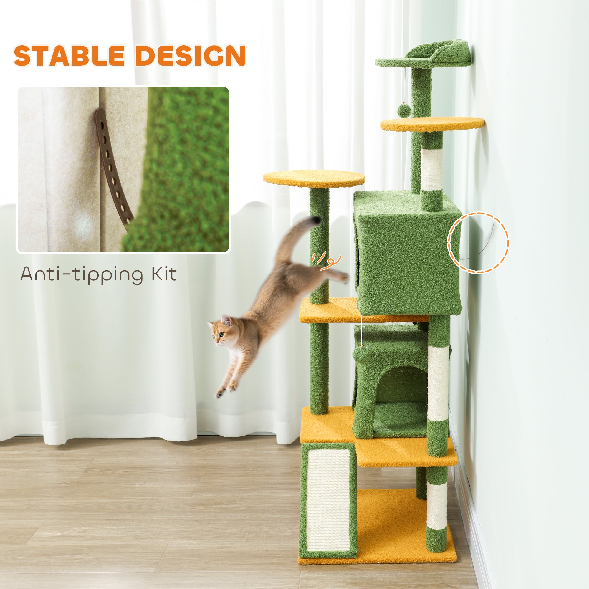 63" Cat Tree, Multi-Level Cat Tower with Scratching Posts, Cat Condos, Bed, Platforms, Ramp, Toy Ball, Green