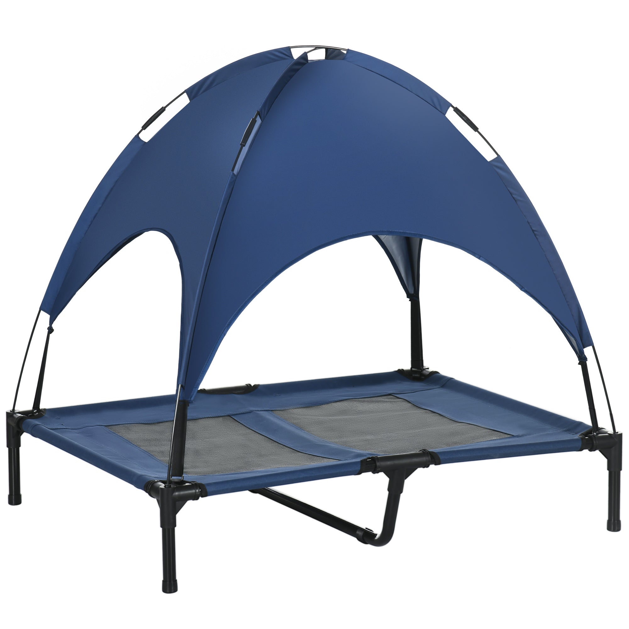 Lit surélevé pour chien avec auvent, lit pliant surélevé portable pour chiens de taille L, intérieur et extérieur, 36" x 30" x 35", bleu foncé