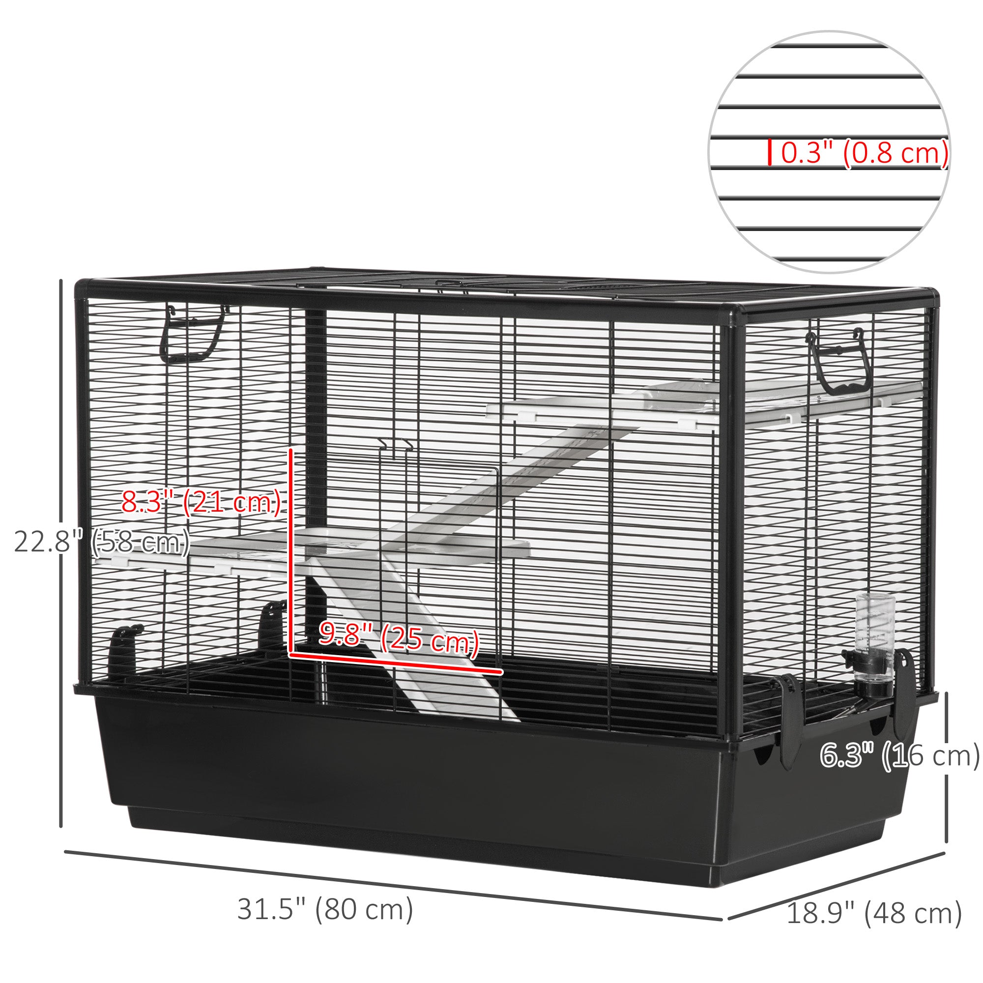 Cage à hamsters à 3 niveaux, cage pour cochons d’Inde, maison de jeu intérieure pour chinchillas avec accessoires : gamelle, biberon, rampes, 31.5"x19"x 23", noire