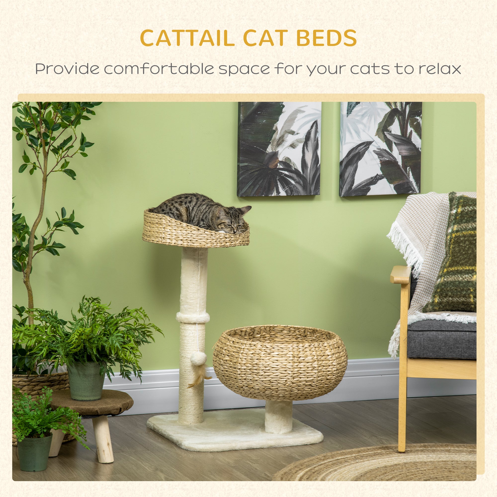 28" Cat Tree with Scratching Post, Cat Tower with Double Beds, Beige