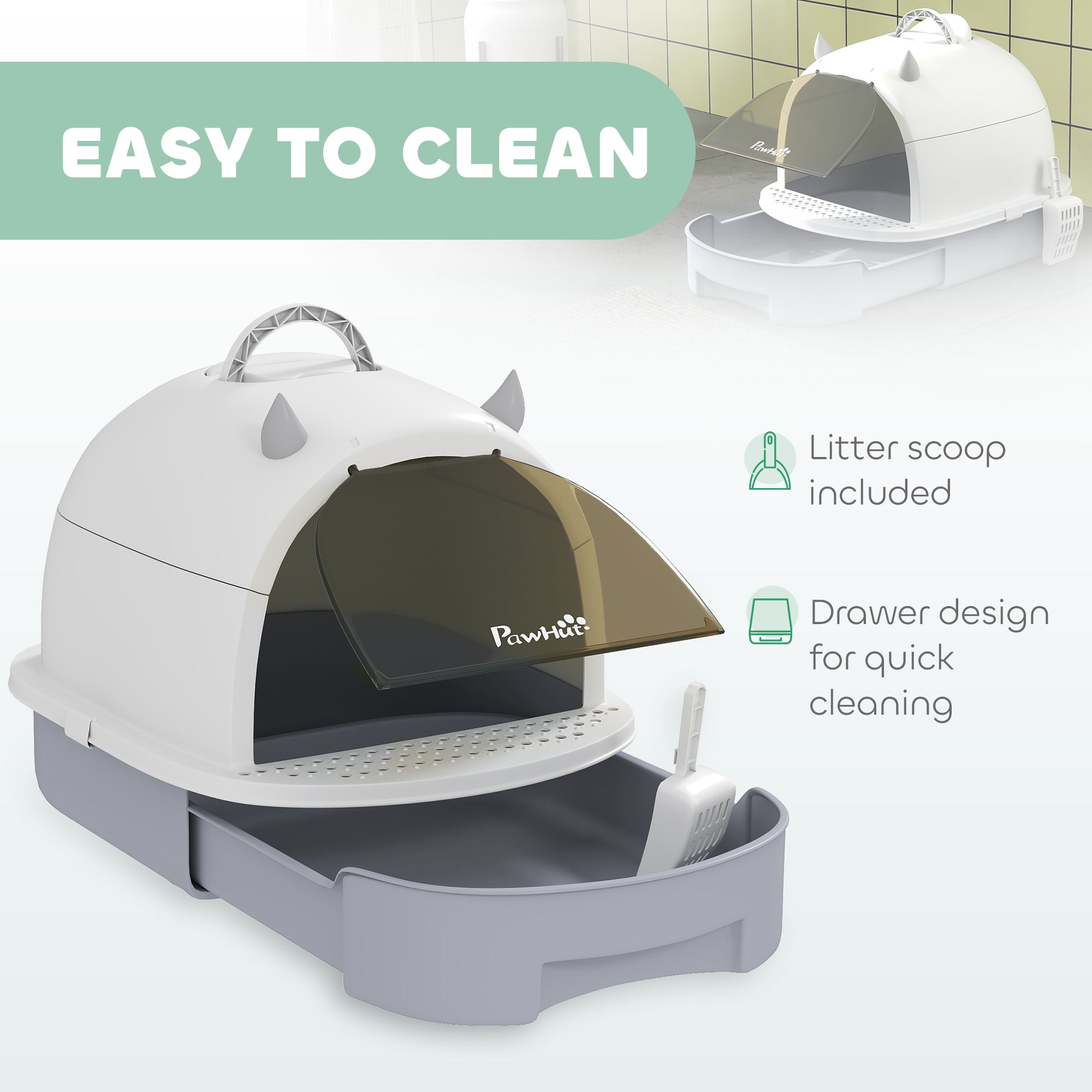 Cat Litter Box with Lid, Front Door Flap, Scoop, Handle, Easy Clean, for Small and Medium Cats, Grey