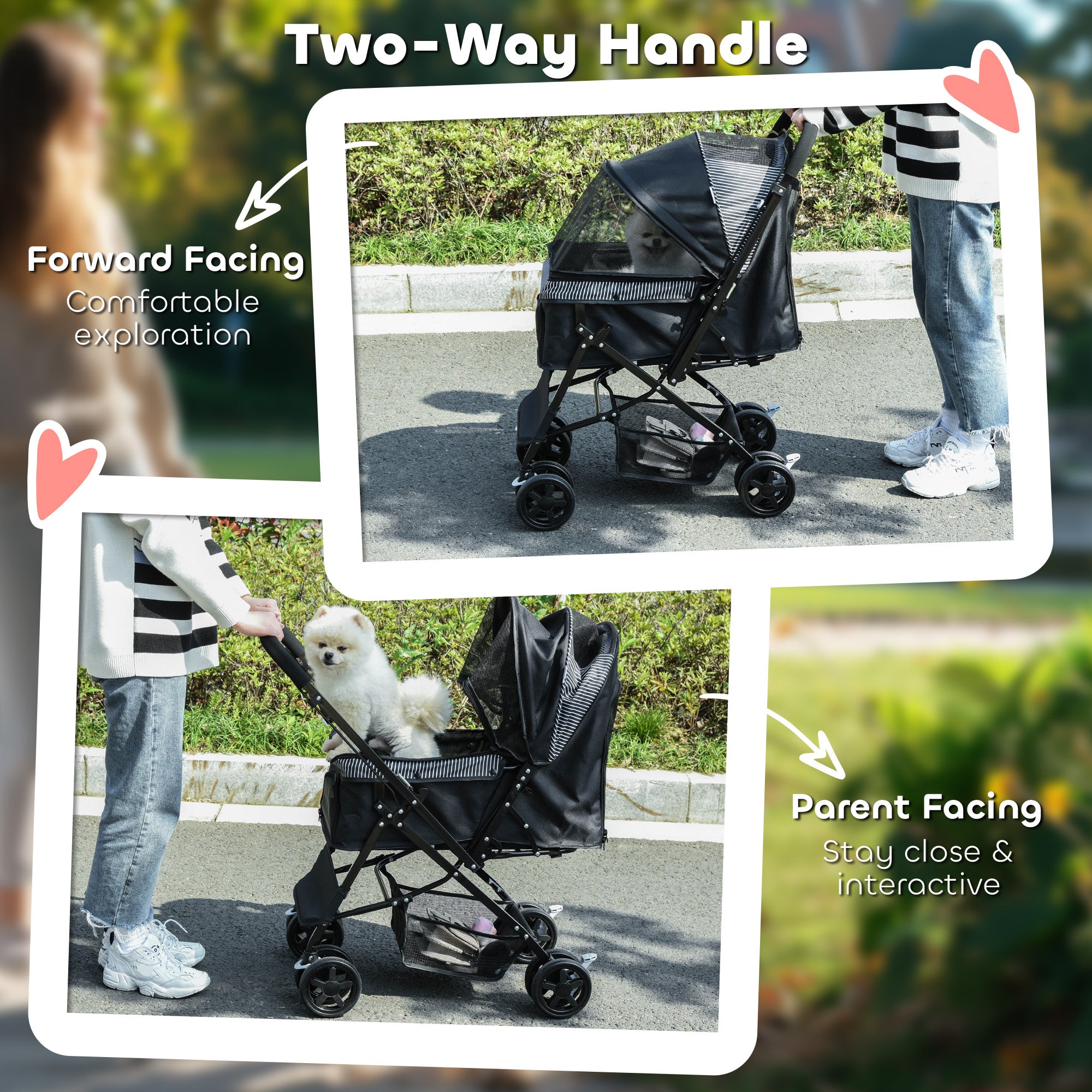 Foldable Cat Dog Travel Carriage, 4 Wheels Pet Stroller with EVA Wheel Brake, 3-stage Canopy, Mesh Window Door, Black