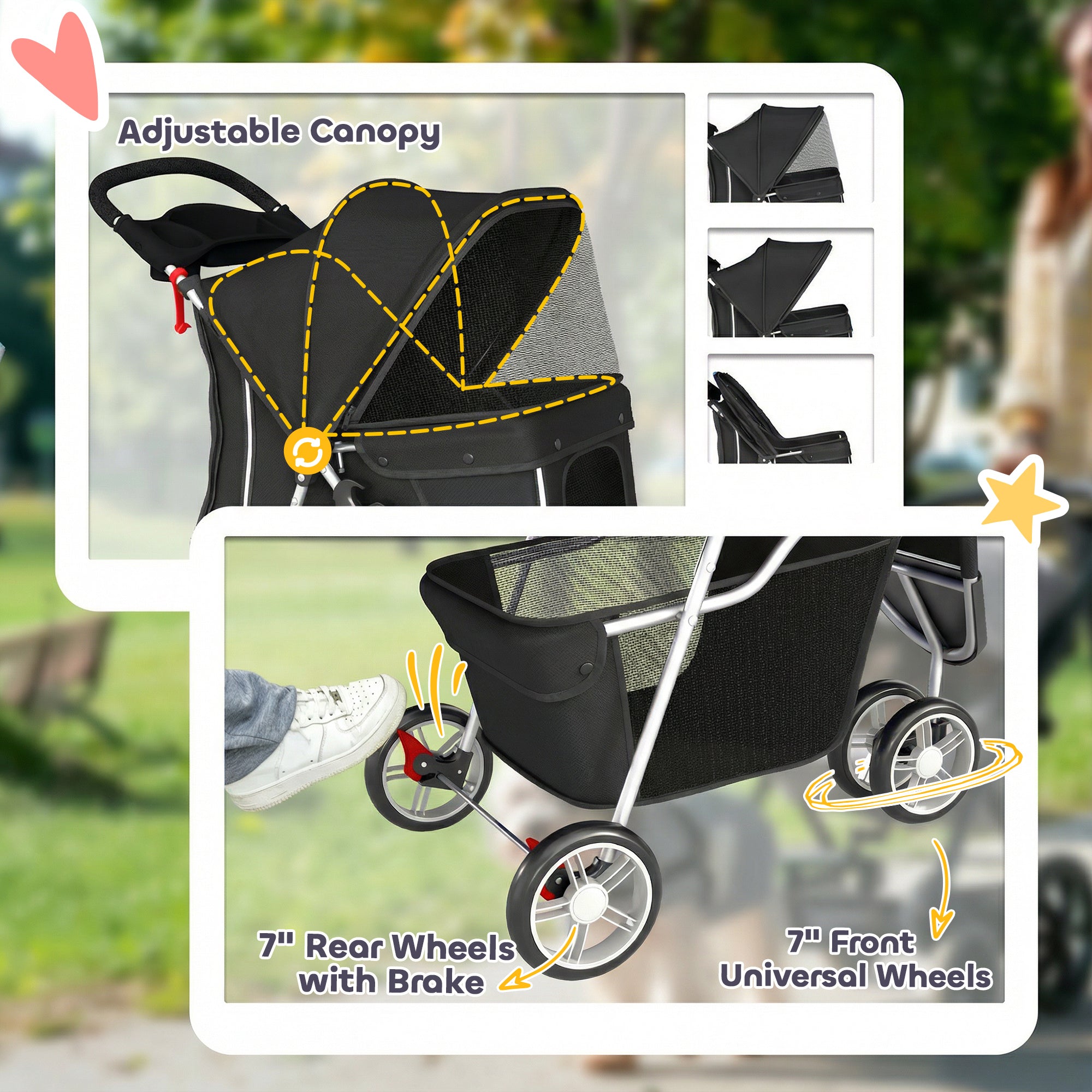 3 Wheels Foldable Dog Stroller with Storage Basket, Adjustable Canopy, Cupholder for Miniature and Small Dogs, Black