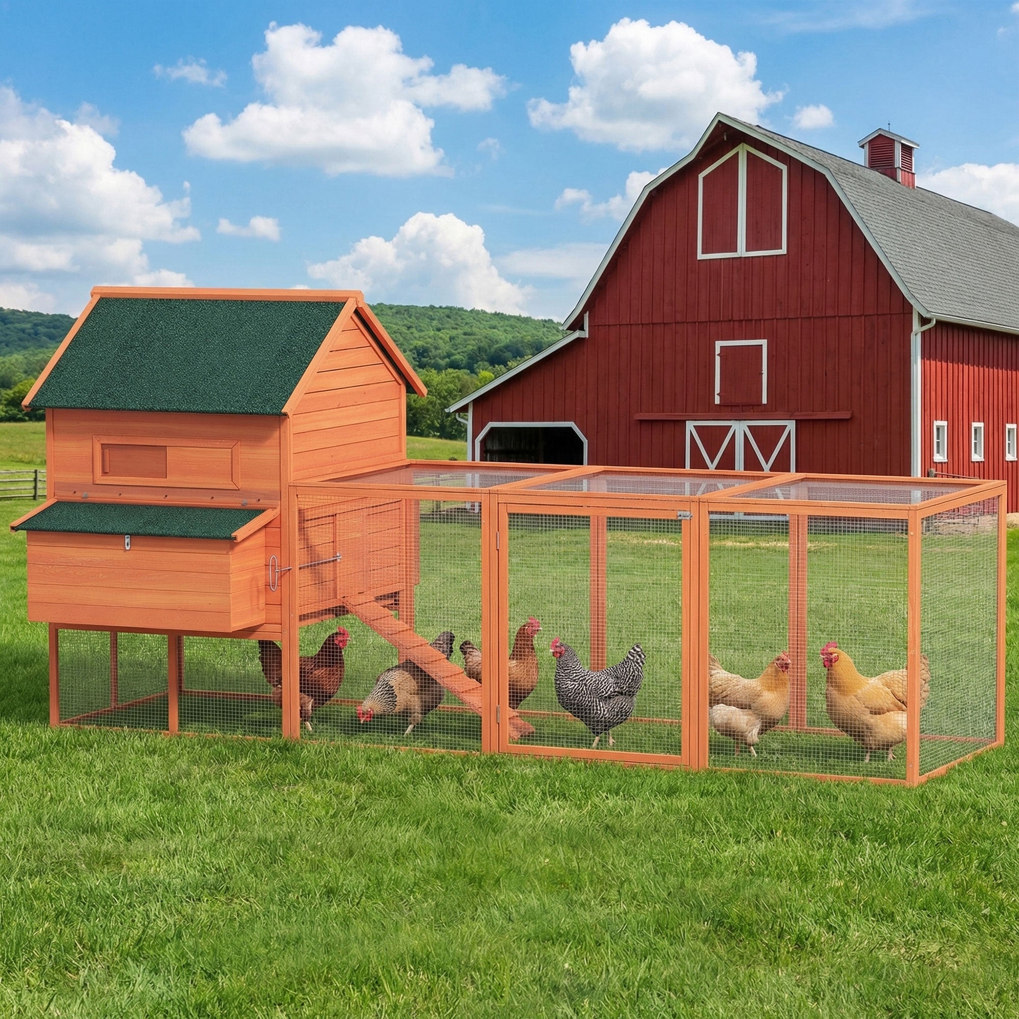 137" Wooden Chicken Coop with Chicken Run, Nesting Box, Orange