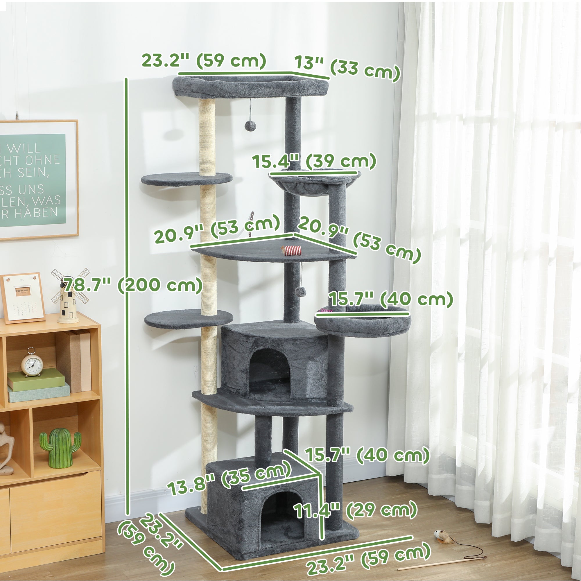 79" Extra Tall Cat Tree with Scratching Posts, Perches, Caves, Hammock, Pompoms, for 2-3 Indoor Cats, Dark Grey
