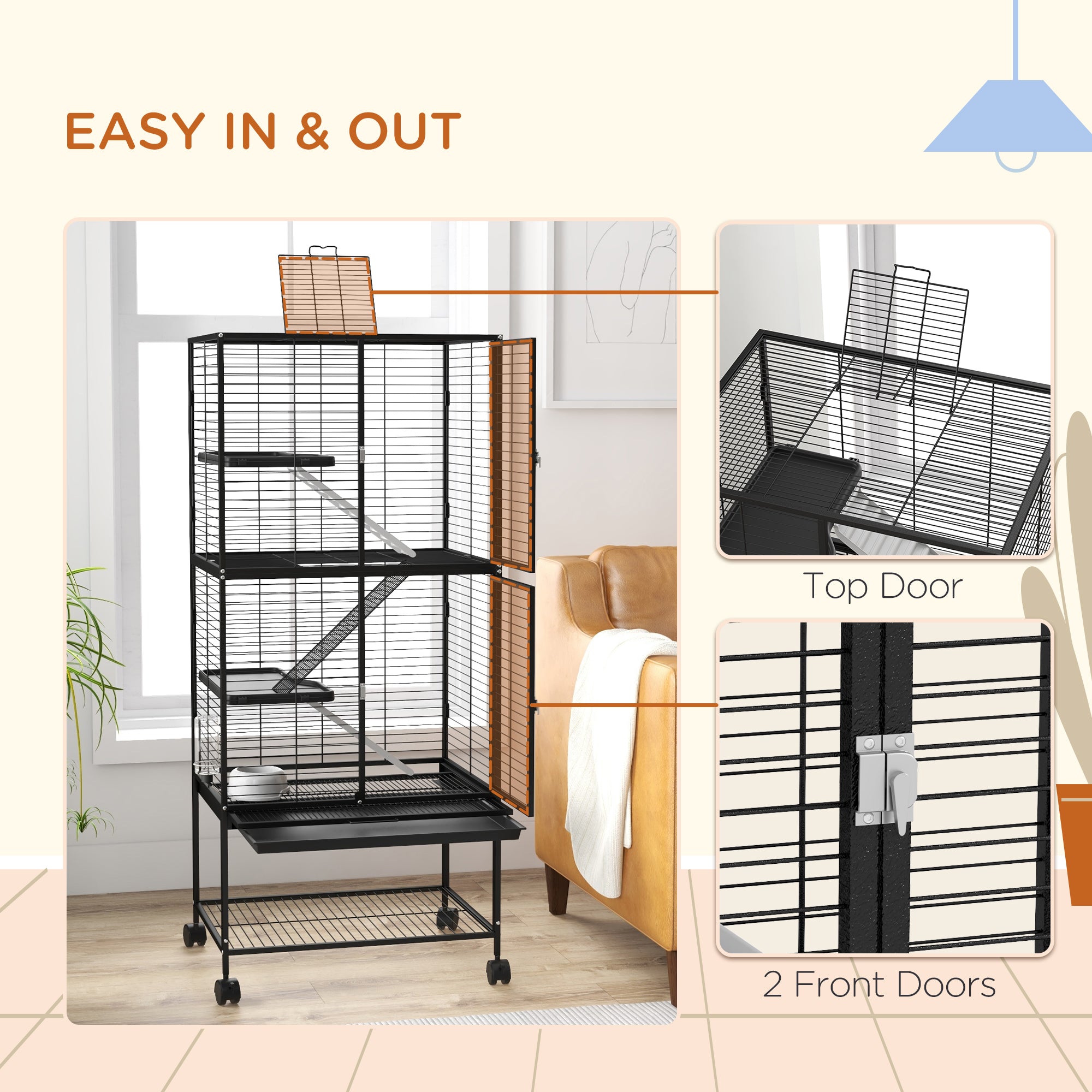 Rolling Small Animal Cage 53.5"H Chinchilla Cage for Ferrets, Squirrels w/ Removable Tray, Storage Shelf, Black