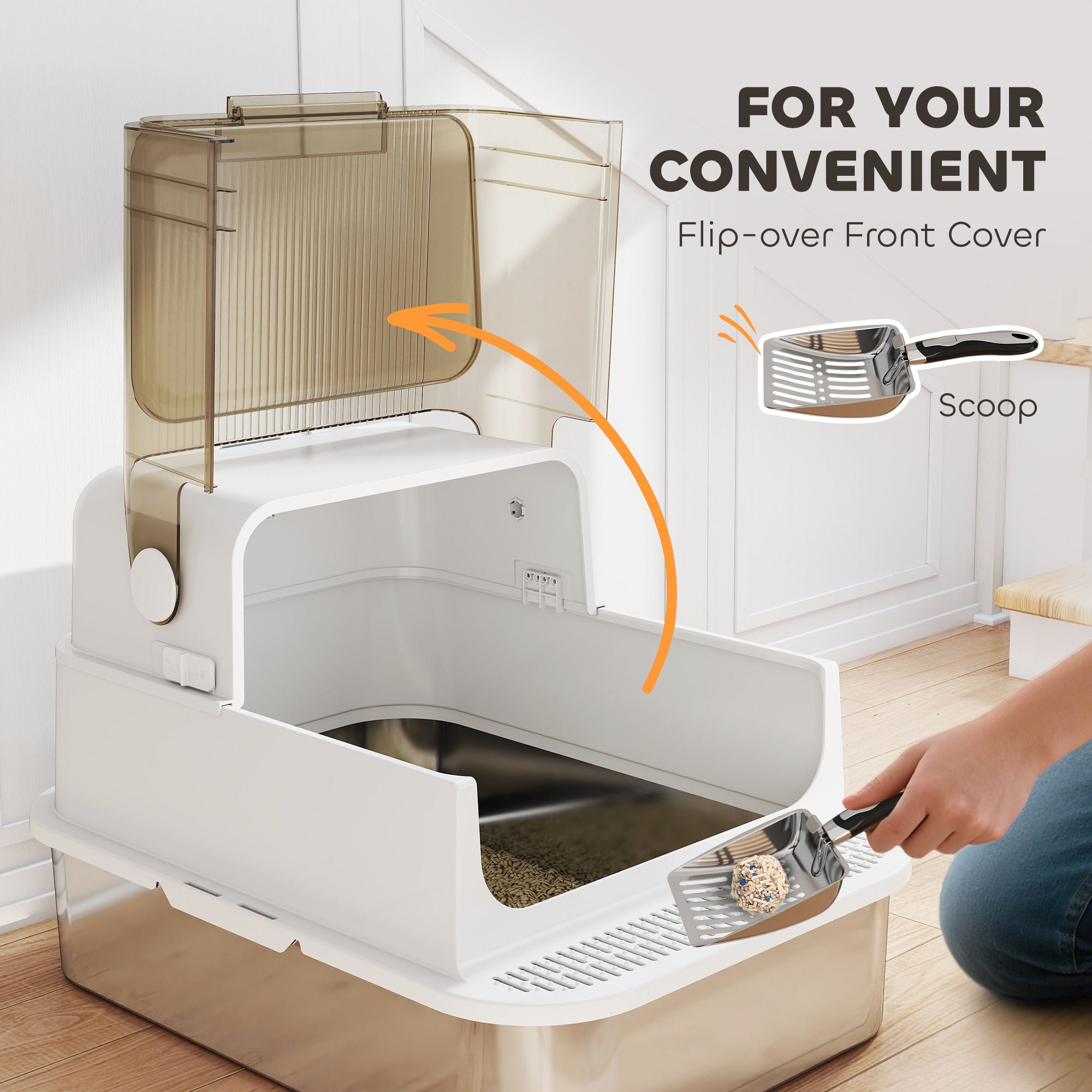 Stainless Steel Cat Litter Box, Easy-Clean Enclosure with Scoop & Flip Lid, 27.6" L x 19.7" W x 18.3" H, White