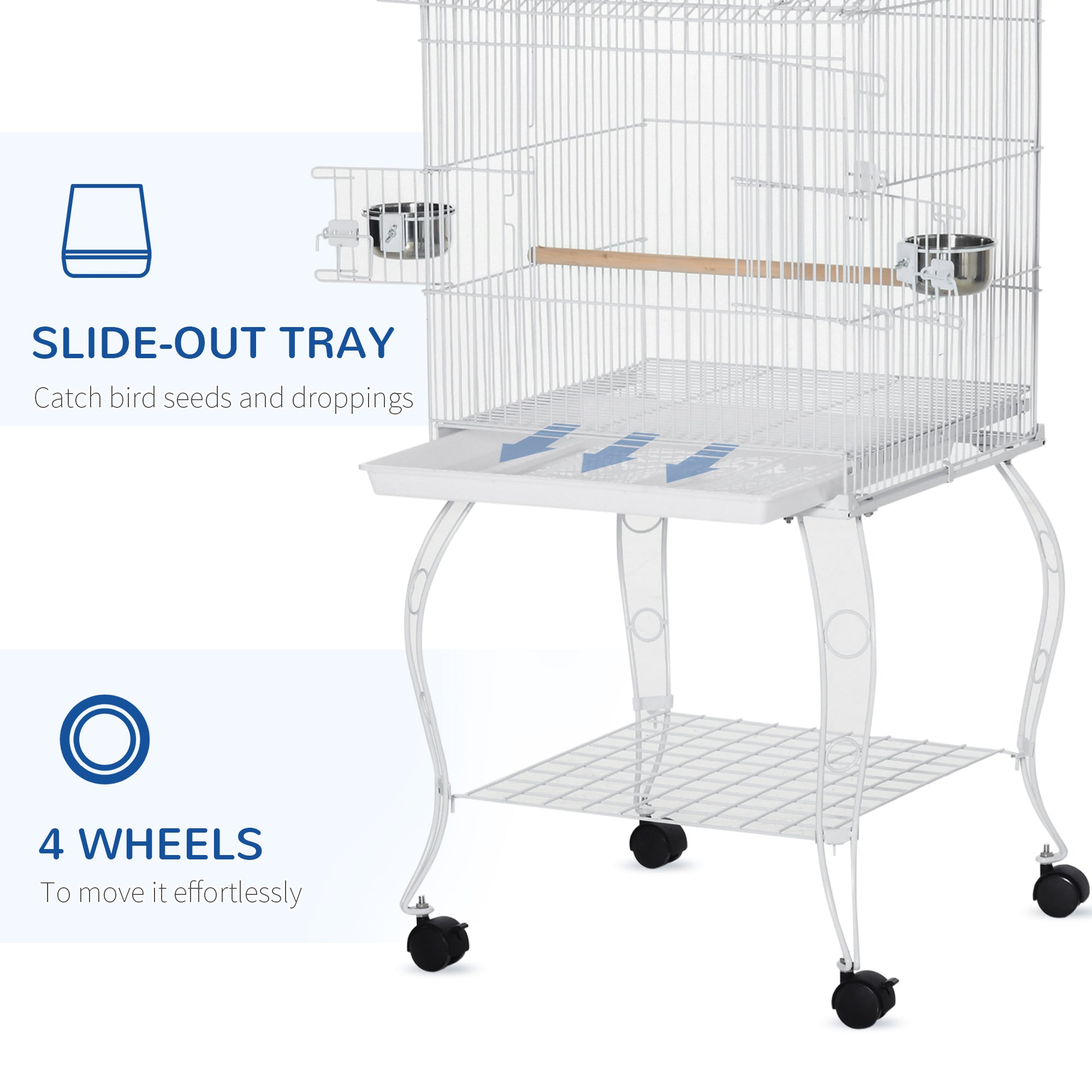 Grande cage à oiseaux roulante en acier de 53.9'', avec maison pour oiseaux, support roulant détachable, étagère de rangement, perchoir en bois, récipient à nourriture, blanche