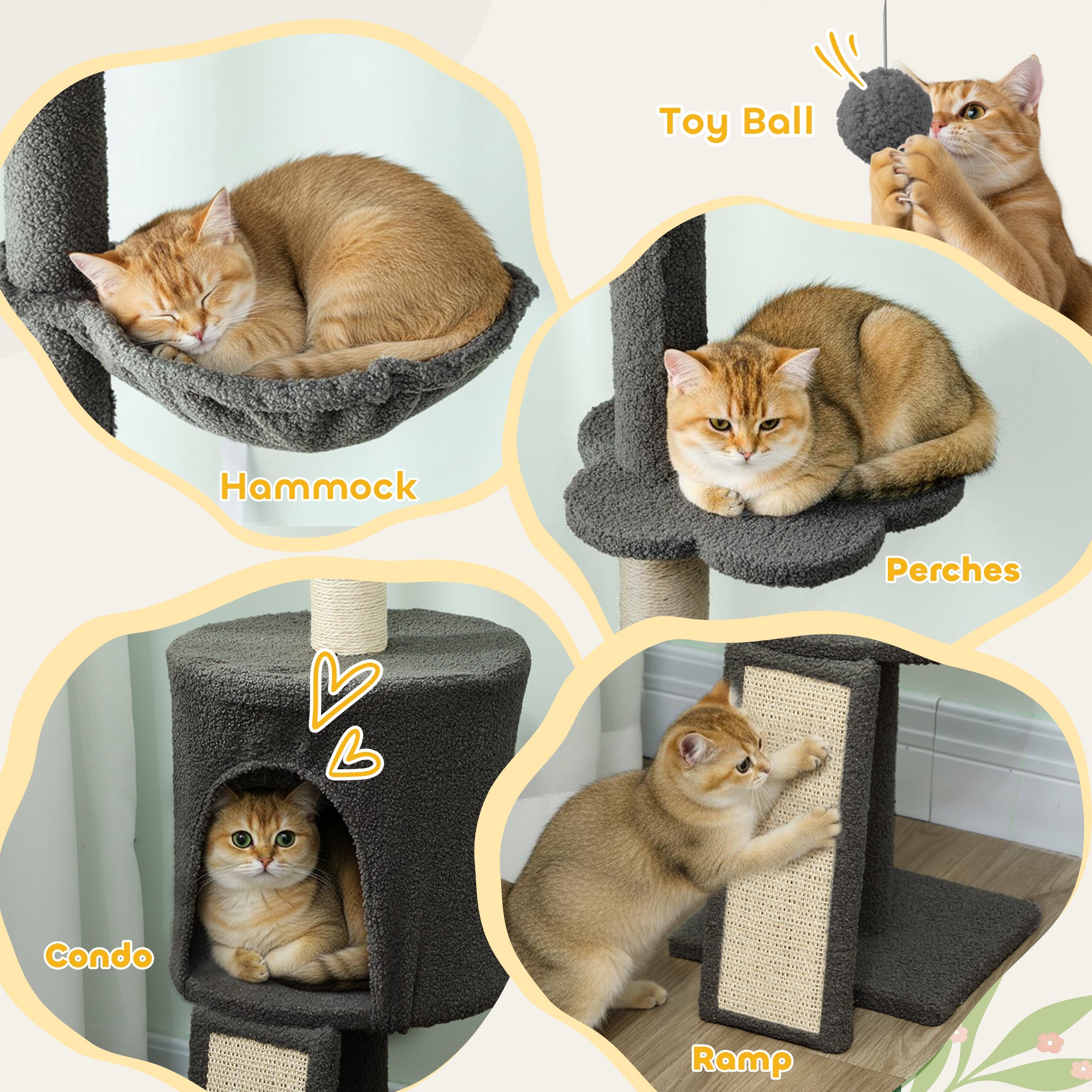87"-94.5" Floor to Ceiling Cat Tree with Sisal Scratching Post, Condo, Hammock, Ramp, Perches, Dark Grey