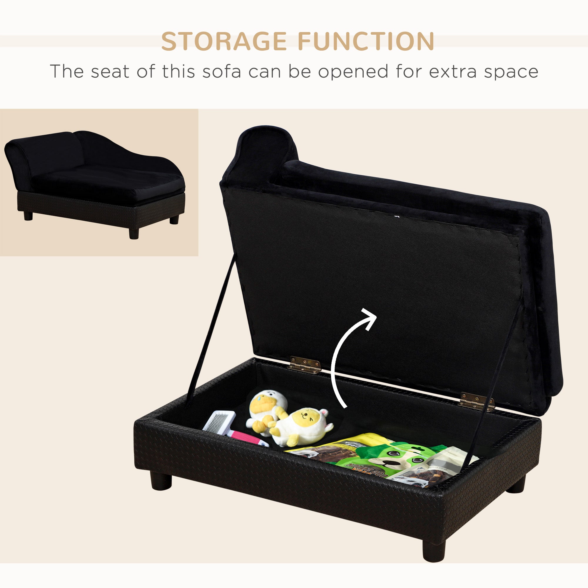 Canapé pour chien, chaise longue et lit pour animaux avec espace de rangement, pour petits chiens et chats, coussin en éponge, coloris noir