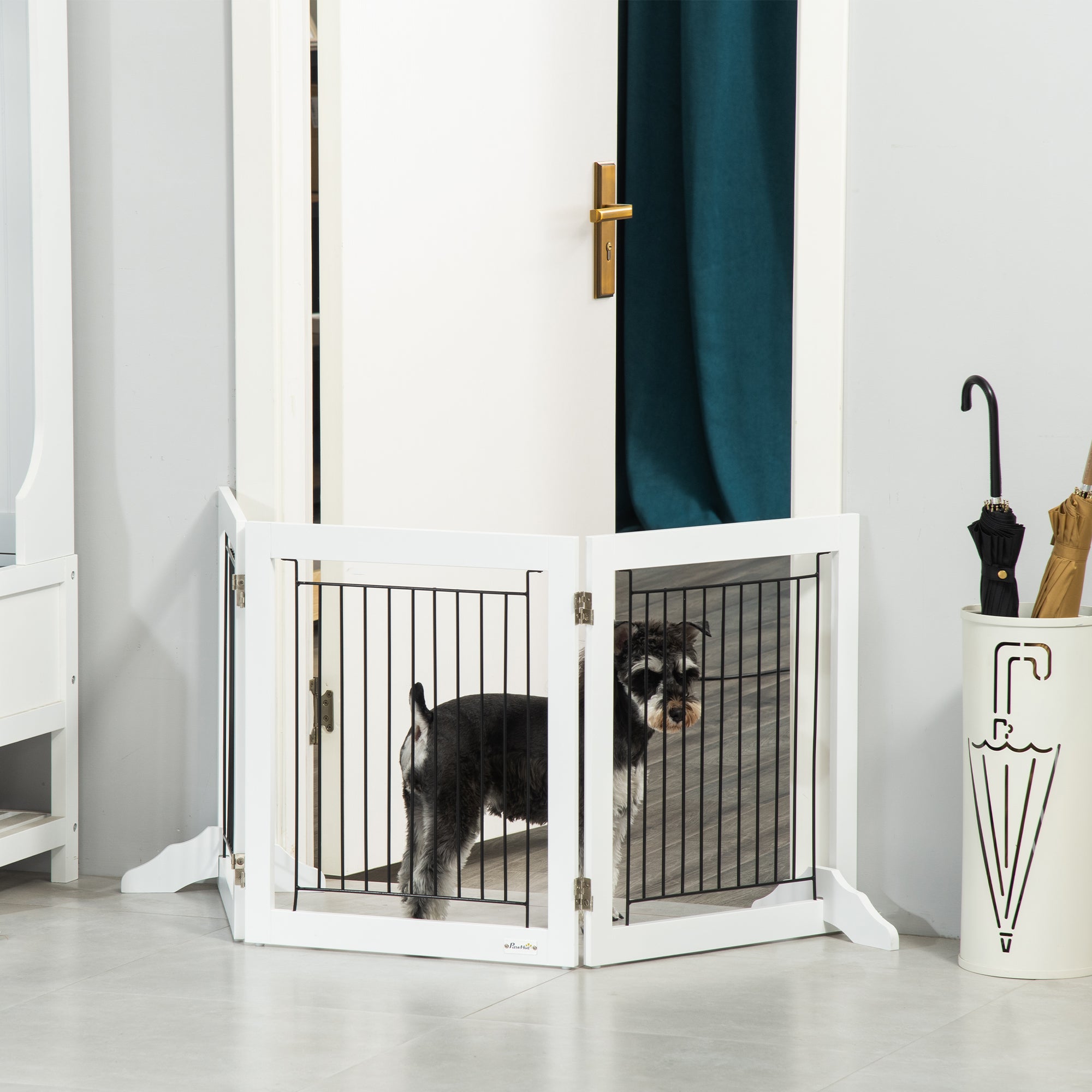 Barrière pour animaux autoportante, barrière pliante pour chiens avec 2 pieds de support, hauteur de 24", 3 panneaux, pour petits chiens, usage intérieur – blanche