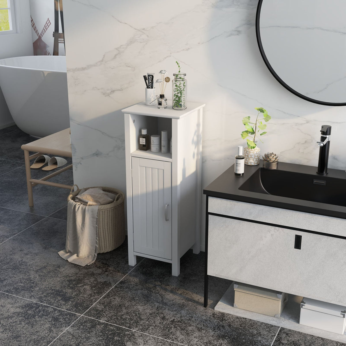 1-Door Freestanding Bathroom Cabinet with Open Shelf-Floor Cabinets-DECOROLALA