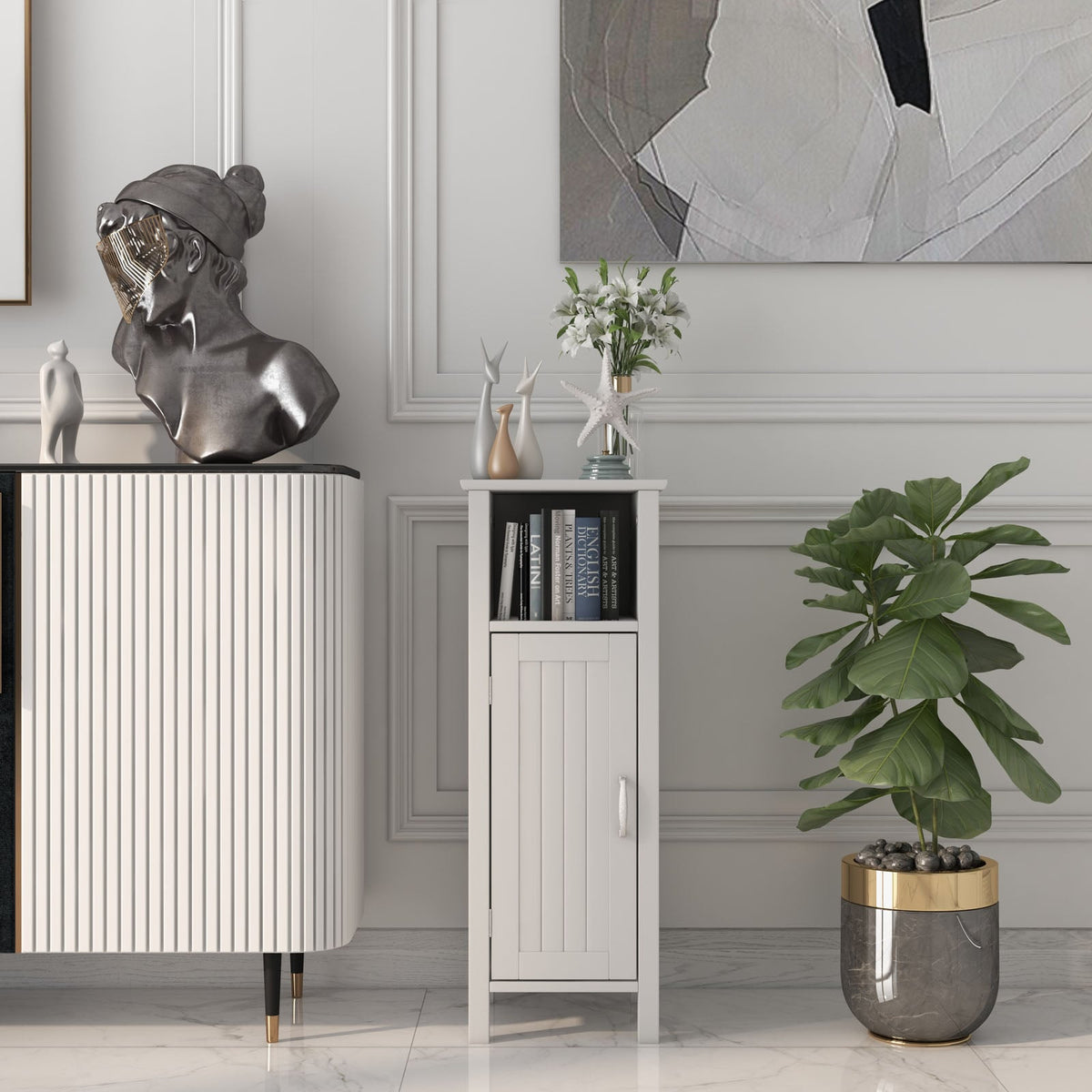 1-Door Freestanding Bathroom Cabinet with Open Shelf-Floor Cabinets-DECOROLALA