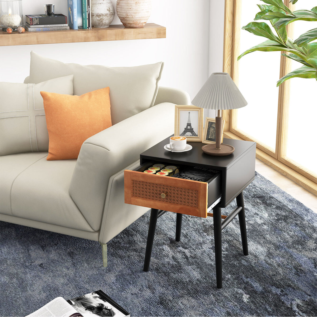 1-Drawer Modern Bedside Table with Solid Wood Legs-Black-Nightstands-DECOROLALA