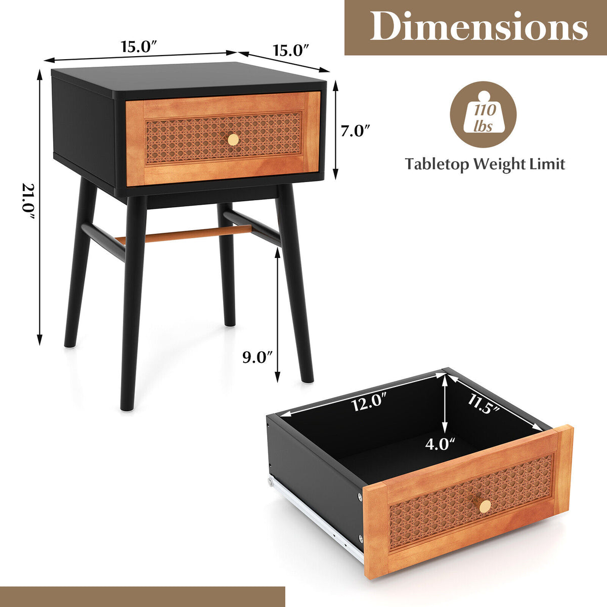 1-Drawer Modern Bedside Table with Solid Wood Legs-Black-Nightstands-DECOROLALA