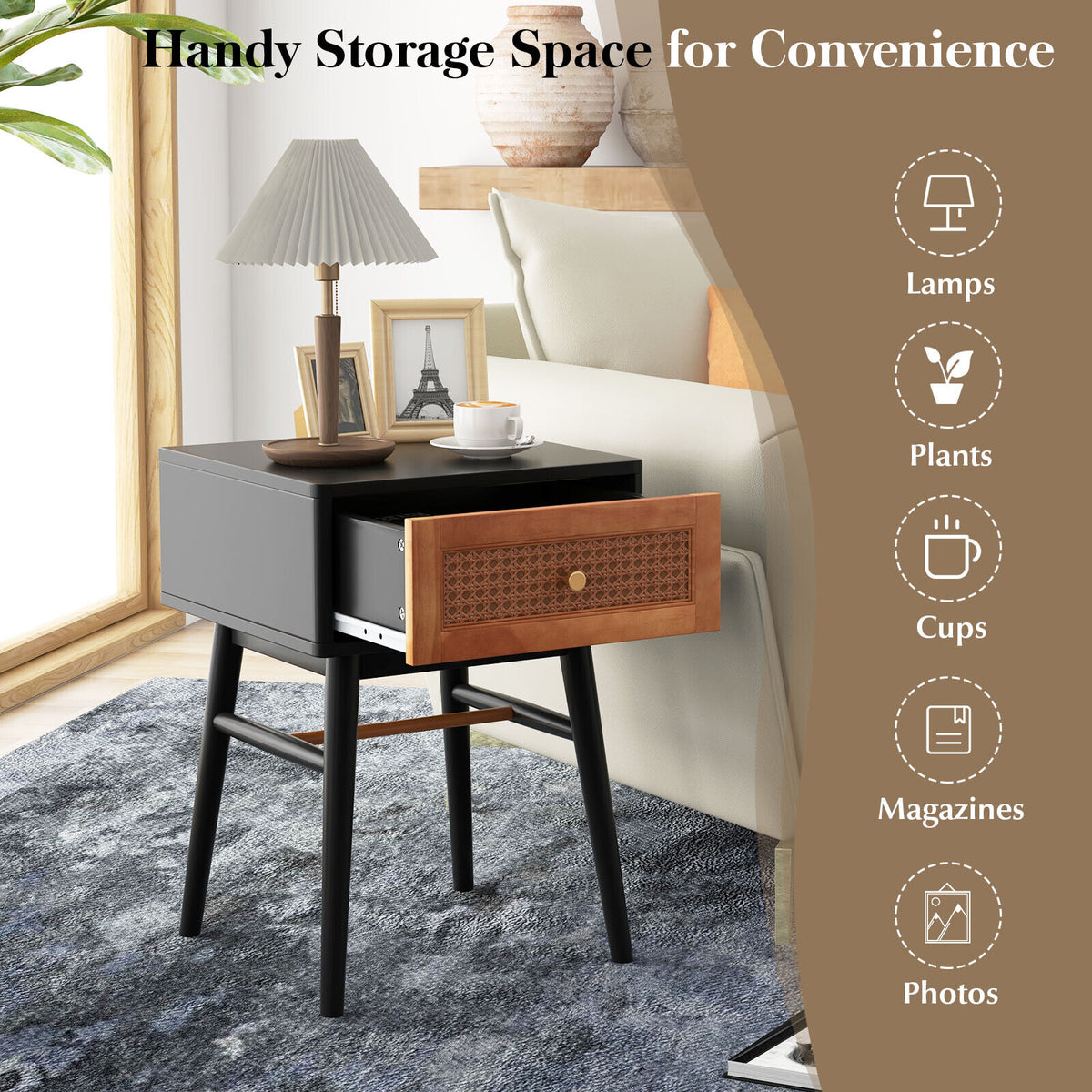 1-Drawer Modern Bedside Table with Solid Wood Legs-Black-Nightstands-DECOROLALA