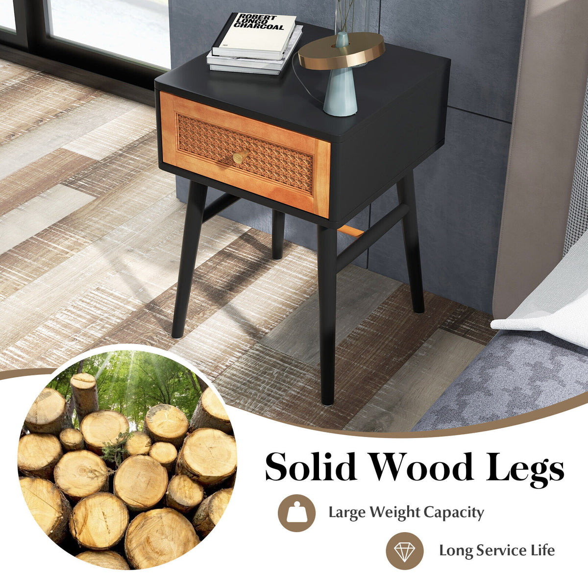 1-Drawer Modern Bedside Table with Solid Wood Legs-Black-Nightstands-DECOROLALA