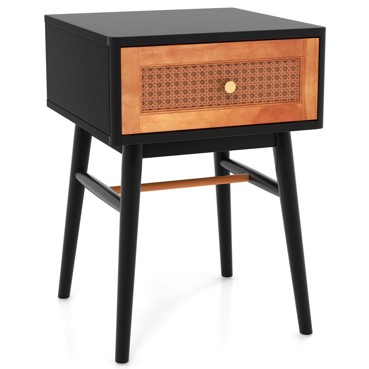 1-Drawer Modern Bedside Table with Solid Wood Legs-Black-Nightstands-DECOROLALA