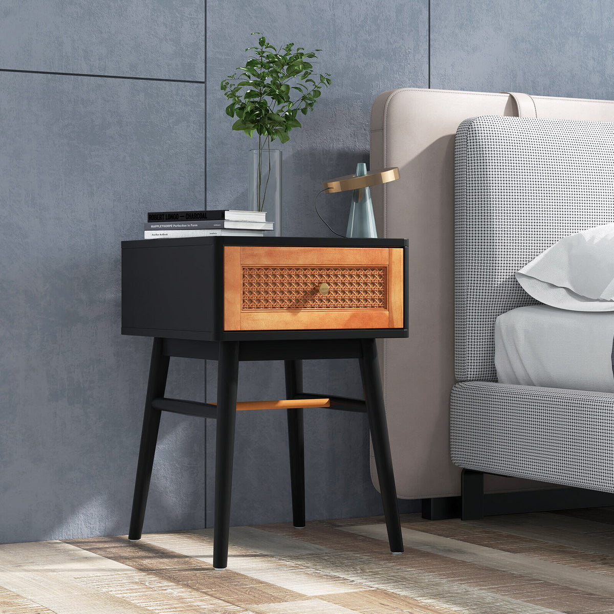 1-Drawer Modern Bedside Table with Solid Wood Legs-Black-Nightstands-DECOROLALA