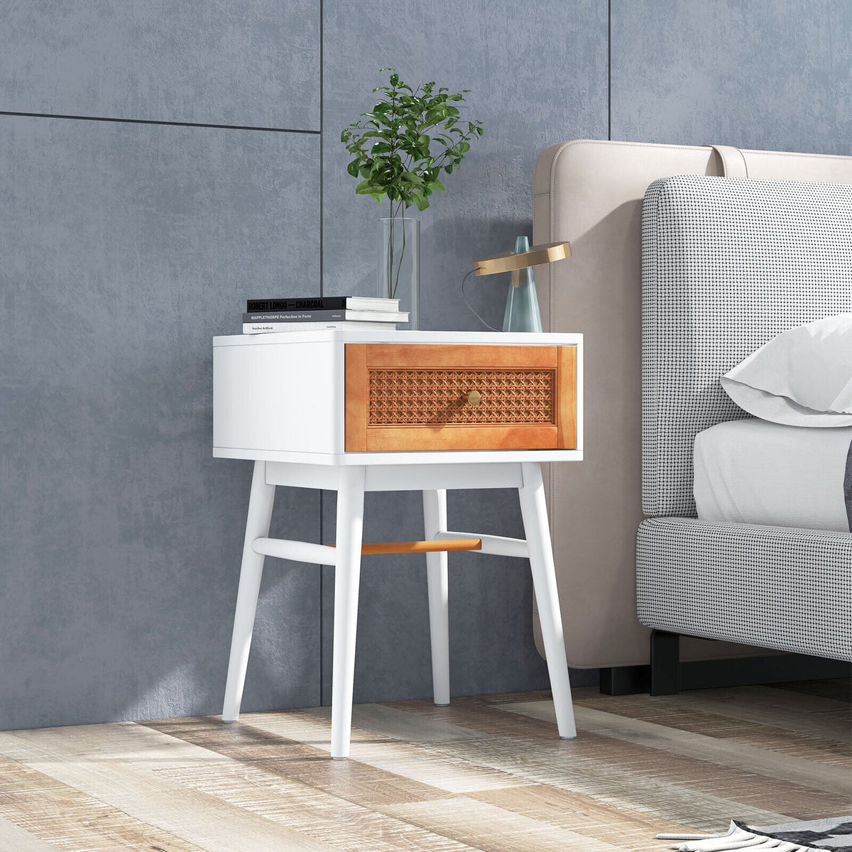 1-Drawer Modern Bedside Table with Solid Wood Legs-White-Nightstands-DECOROLALA