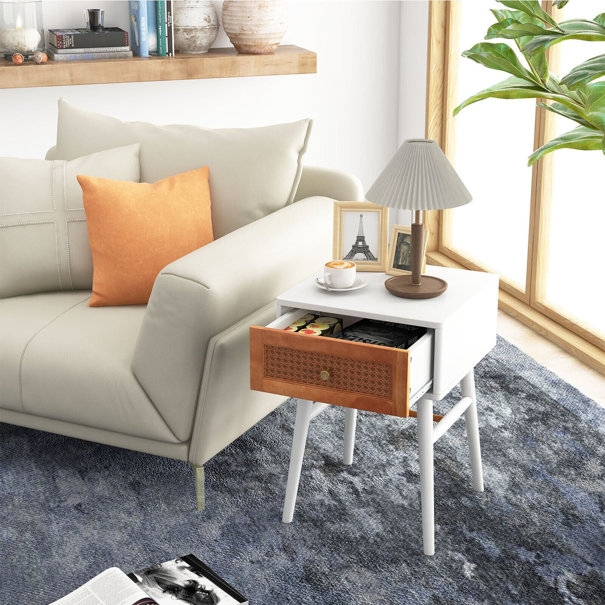 1-Drawer Modern Bedside Table with Solid Wood Legs-White-Nightstands-DECOROLALA
