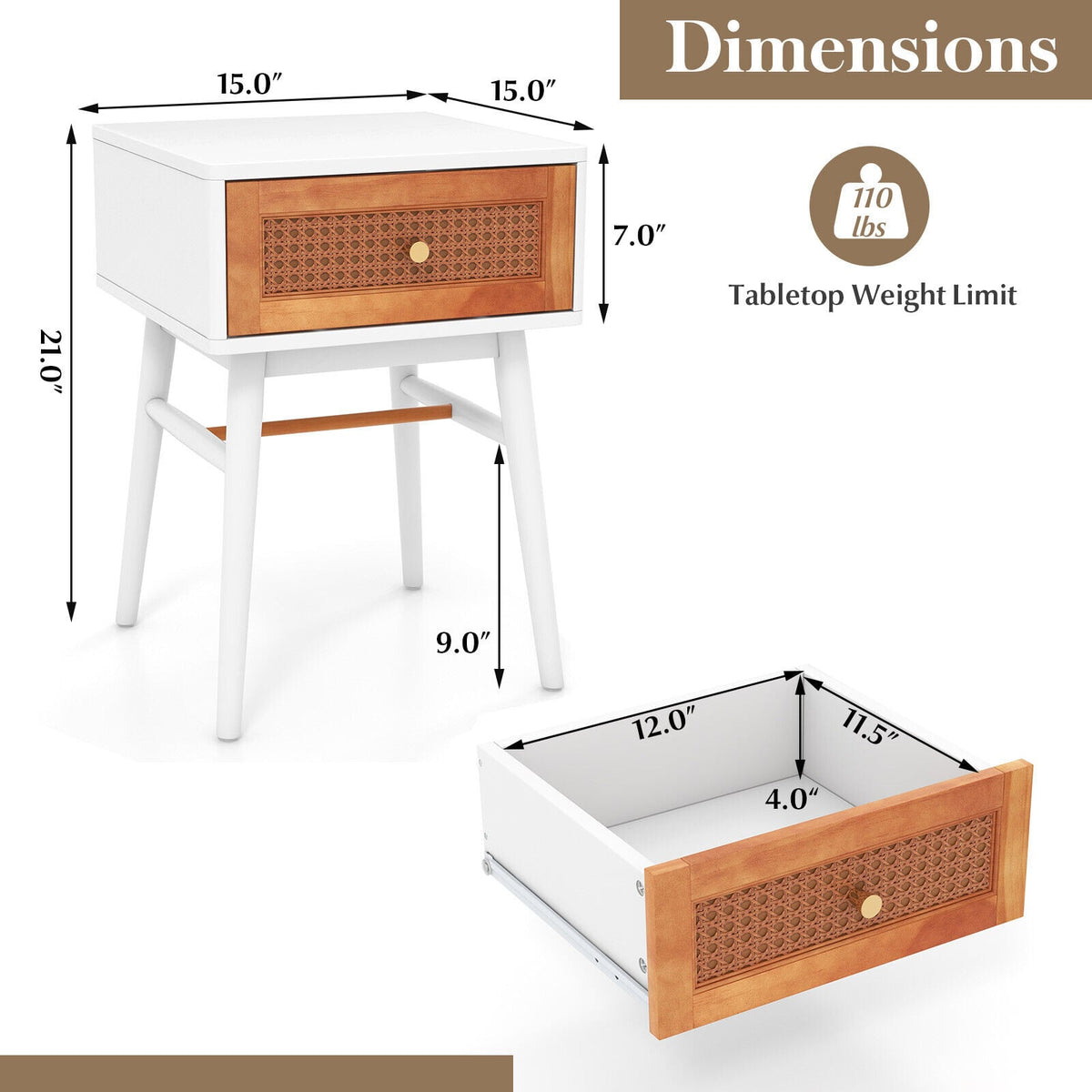 1-Drawer Modern Bedside Table with Solid Wood Legs-White-Nightstands-DECOROLALA